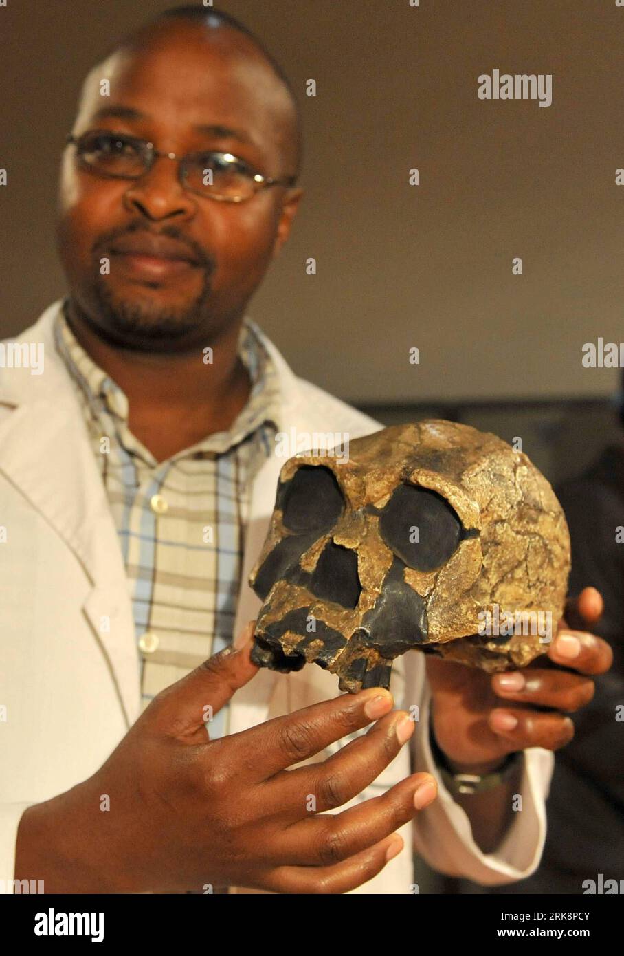 Bildnummer: 54064140 Datum: 20.05.2010 Copyright: imago/Xinhua (100520) -- NAIROBI, 20 maggio 2010 (Xinhua) -- Un membro dello staff mostra un modello di simulazione di alta qualità di un cranio paleoantropico nel Museo Nazionale del Kenya a Nairobi, capitale del Kenya, 20 maggio 2010. In occasione della giornata Mondiale dei Musei, il centro di ricerca del Museo Nazionale del Kenya è parzialmente aperto al pubblico dal 18 al 24 maggio, dove i visitatori potranno vedere molti fossili paleoantropici tra cui lo scheletro di Turkana Boy. (Xinhua/Xu Suhui) (gxr) (4)KENYA-NAIROBI-NATIONAL MUSEUM-FOSSIL PUBLICATIONxNOTxINxCHN premiumd xint Gesellschaft Kul Foto Stock