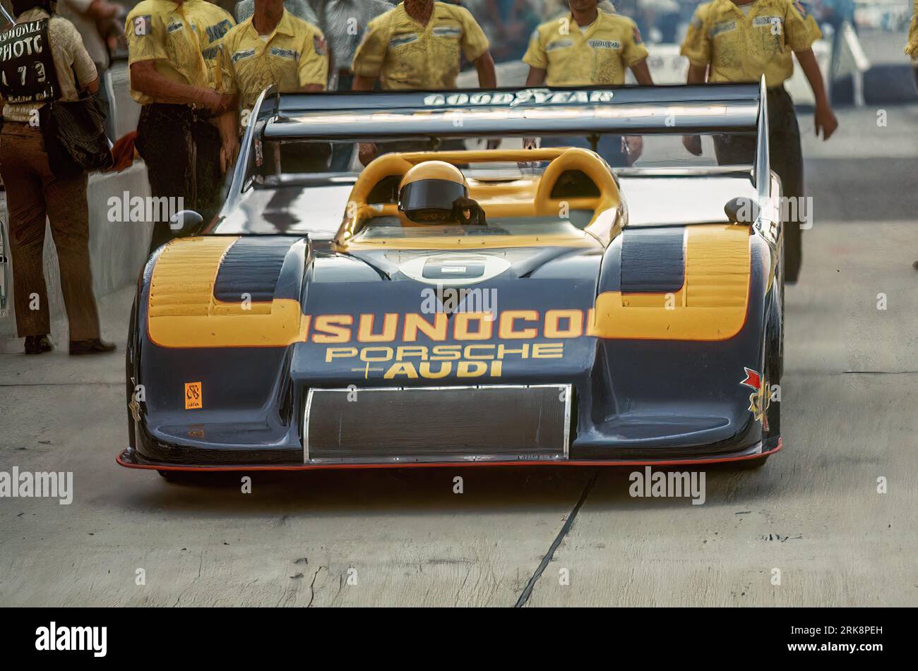 Mark Donohue, Roger Penske Enterprises; Inc.; Porsche 917/30 TC; iniziato 1°; finito il primo, 1973 Watkins Glen CAN-Am Foto Stock