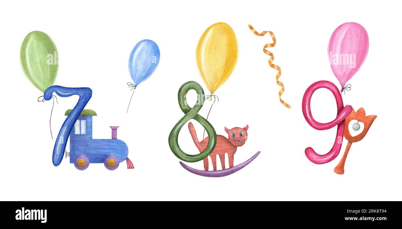 Numeri da 7 a 9 con giocattoli in legno per bambini e palloncini colorati. Treno, gatto, sonaglino, beanbag, nastri. Illustrazione acquerello isolata su sfondo bianco Foto Stock