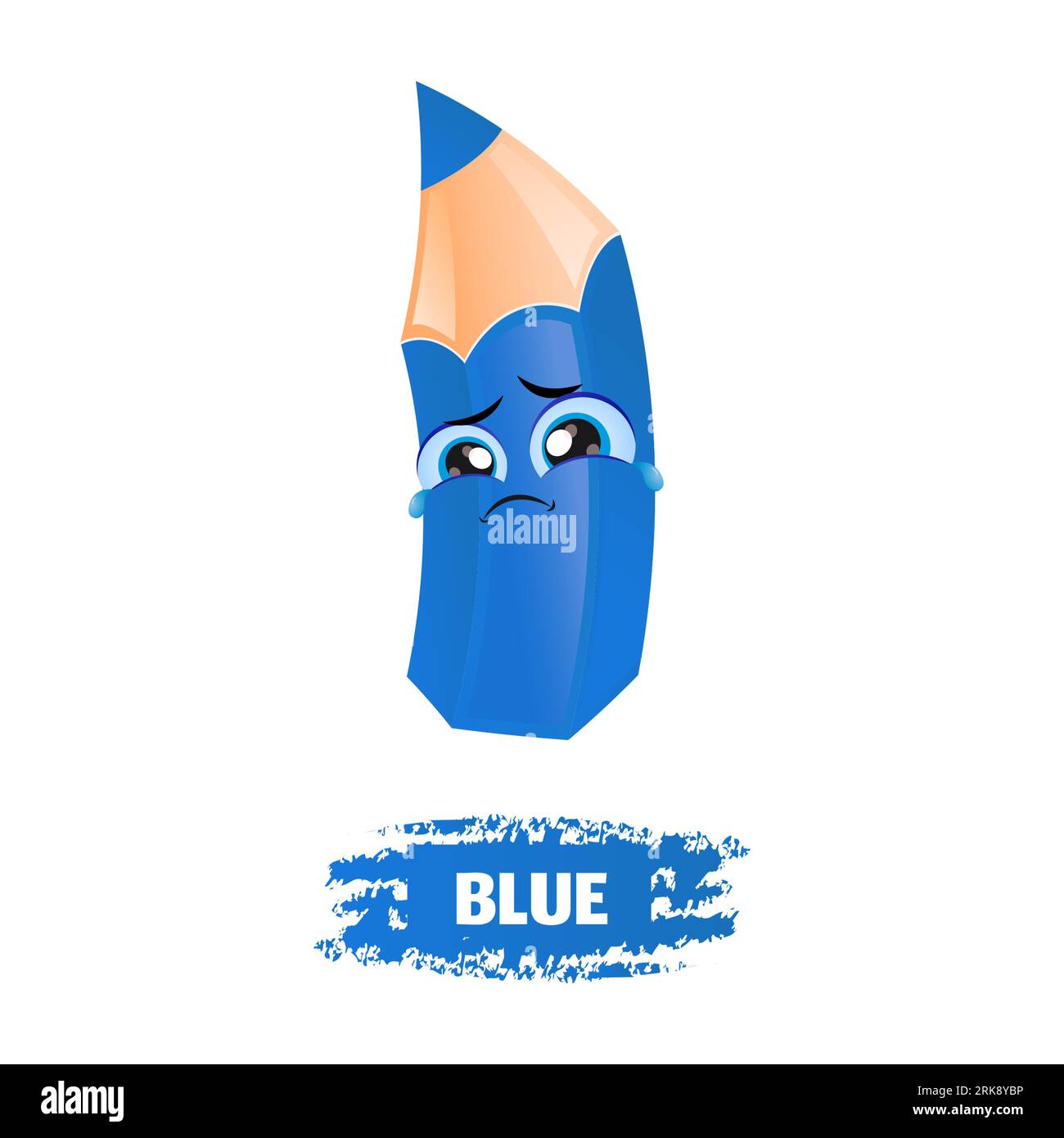 Cute Blue Funny Sad Pencil. Education concept. Crying blue crayon. Sad blue school pencil. Illustrazione Vettoriale
