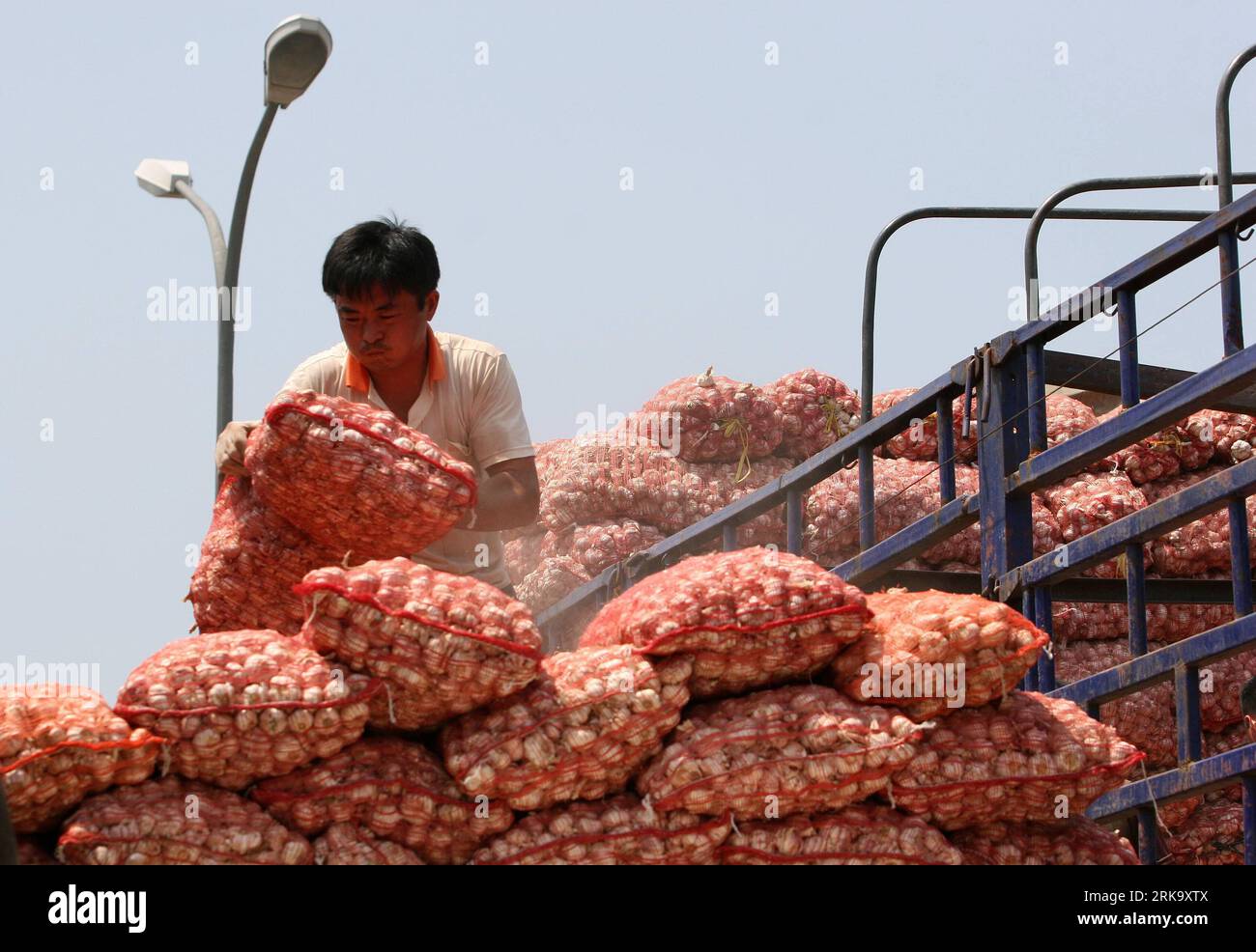 Bildnummer: 54244226 Datum: 20.07.2010 Copyright: imago/Xinhua (100721) - PECHINO, 21 luglio 2010 (Xinhua) - Un uomo porta un sacchetto di aglio al mercato all'ingrosso di Xinfadi a Pechino, 20 luglio 2010. Rimbalzo del prezzo all'ingrosso dell'aglio il martedì. La Cina multerà individui e aziende fino a 2 milioni di yuan (295.000 dollari USA) per aver diffuso informazioni fuorvianti o false sugli aumenti dei prezzi, il principale pianificatore economico del paese ha rivelato di recente. Quest'anno l'accumulo di merci è stato principalmente imputabile all'aumento vertiginoso dei prezzi di aglio, fagioli mung e altri prodotti agricoli, mettendo a repentaglio la grassa cinese Foto Stock