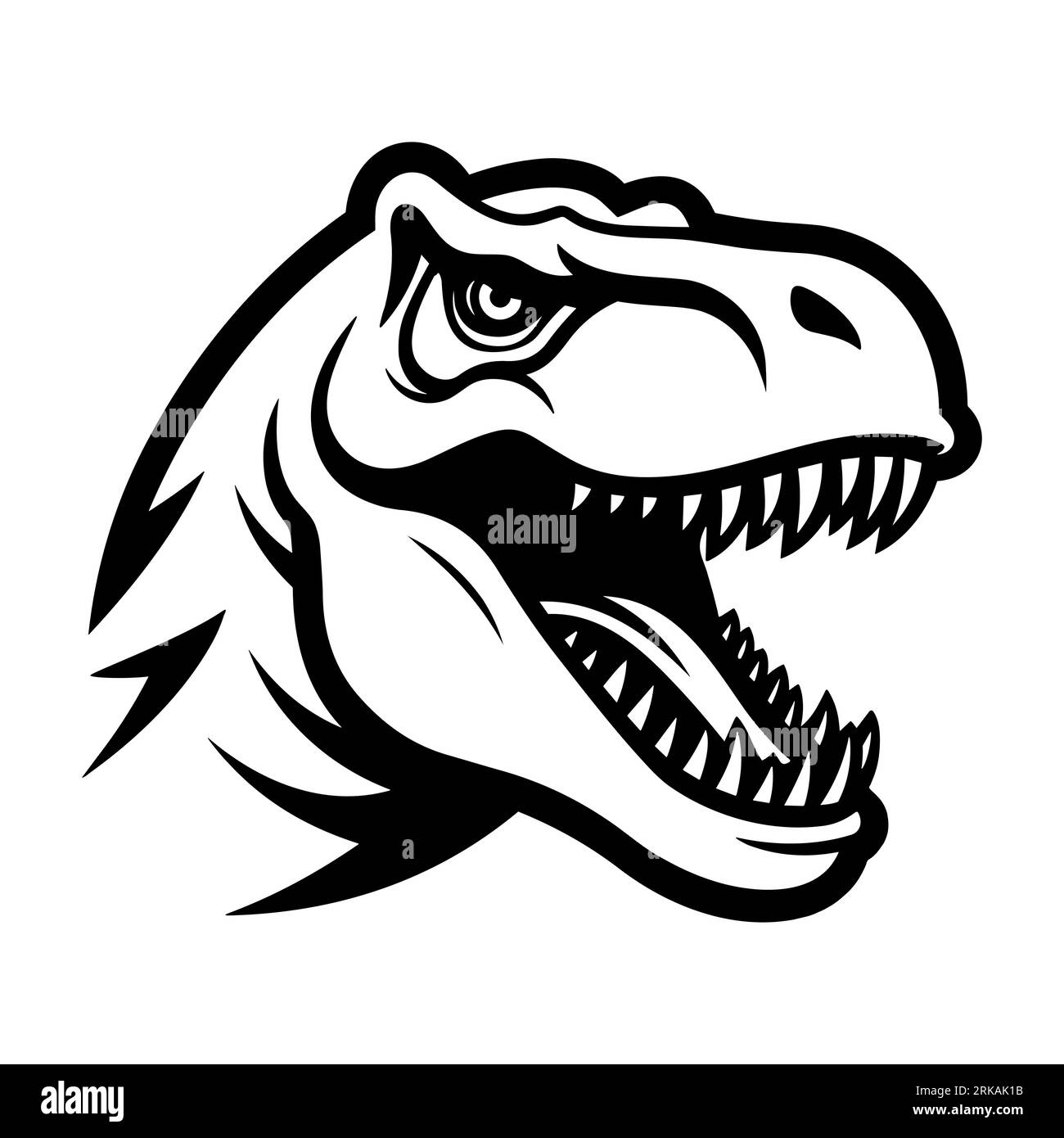 Icona Vector Black and White Tyrannosaurus Rex Head, illustrazione della silhouette ritagliata, modello di progettazione per la stampa di magliette, tessuti, adesivi, arte, ecc. Illustrazione Vettoriale