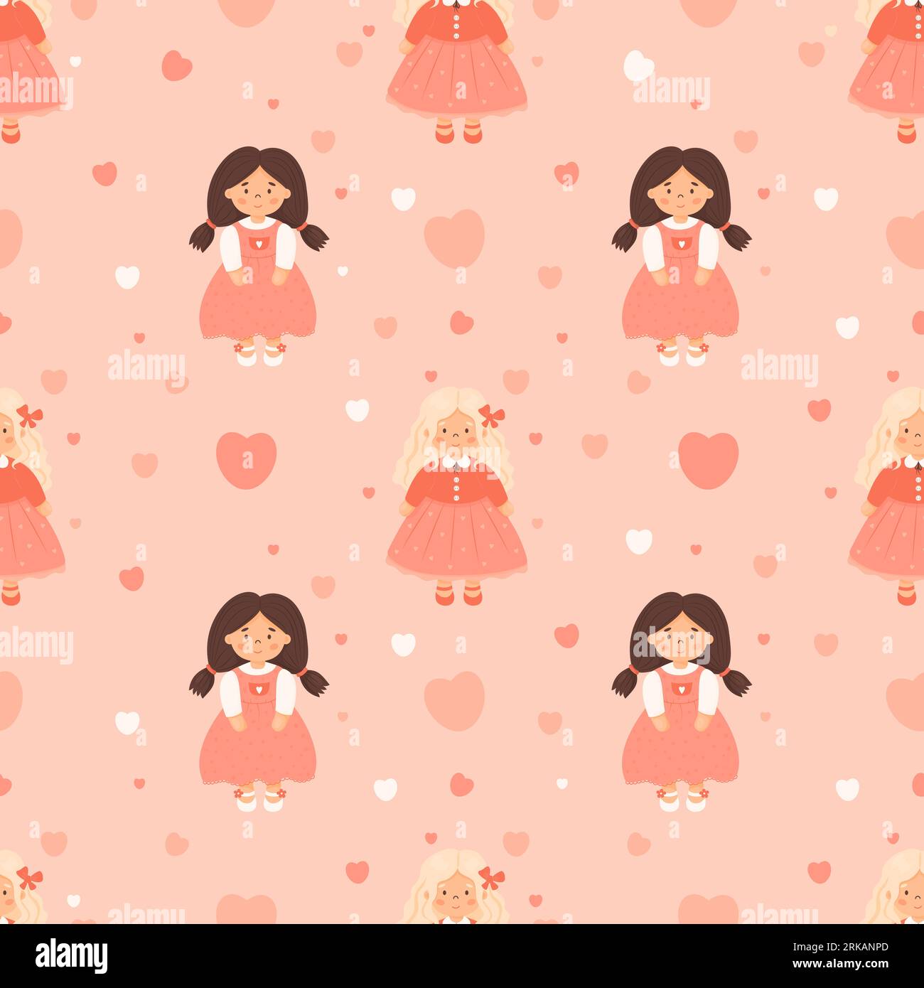 Simpatico motivo per bambini senza cuciture. Belle bambole in abito su sfondo rosa con cuori. Illustrazione vettoriale in stile cartone animato. Collezione bambini romantici Illustrazione Vettoriale