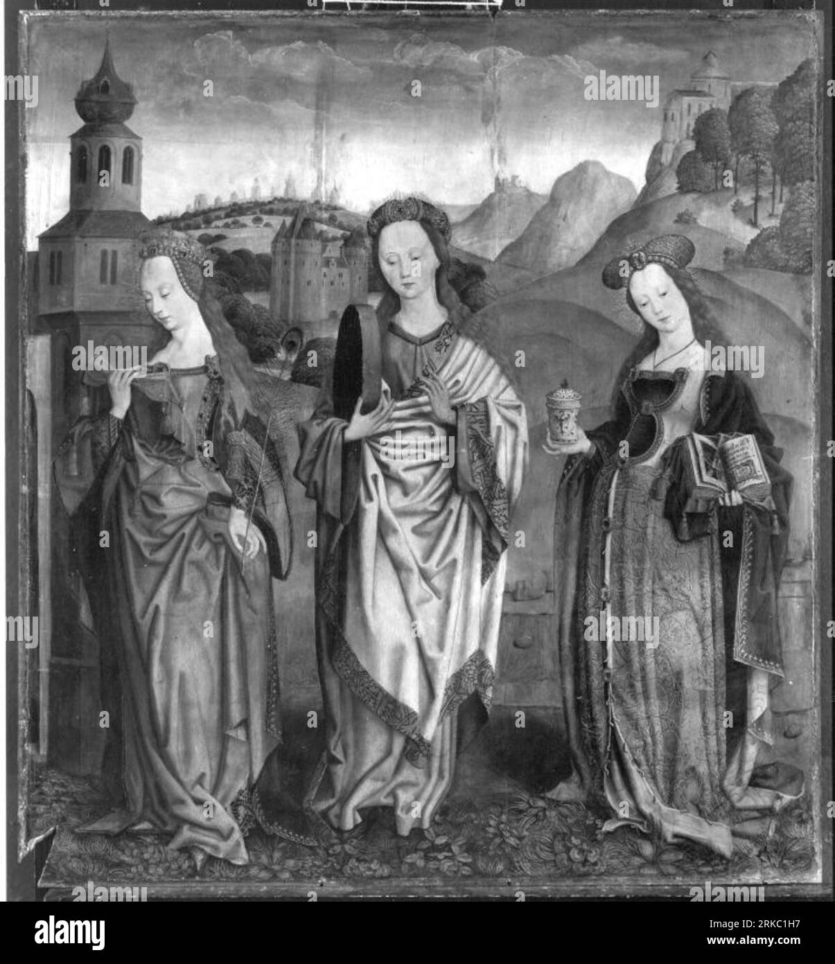 Beschneidungsaltar: Die hll. Barbara(?), Christina e Maria Maddalena, dal Maestro della Sacra parentela il Vecchio Foto Stock