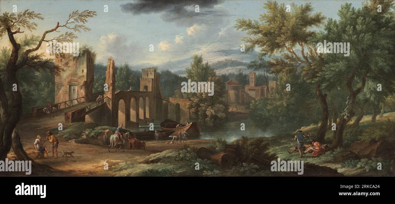 Fantasy veduta del Ponte molle, di Roma e dell'Abbazia di San Nilo a Grottaferrata tra il 1690 e il 1700 di Jacob de Heusch Foto Stock