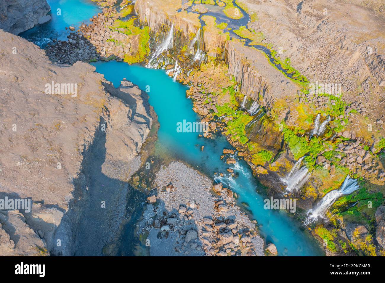 Cascate e acque glaciali, Islanda Highlands, Islanda Foto Stock