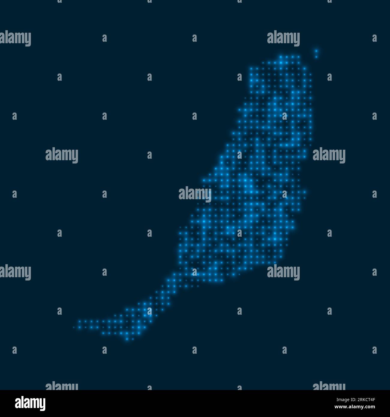 Fuerteventura con una mappa luminosa punteggiata. Forma dell'isola con lampadine blu luminose. Illustrazione vettoriale. Illustrazione Vettoriale