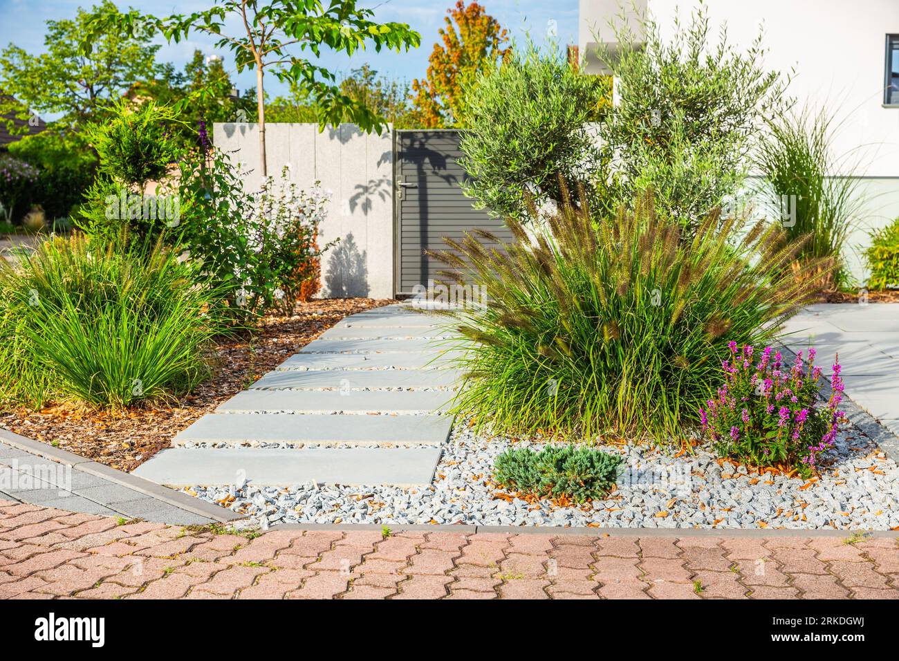 Il cortile di una casa moderna, dettagli del giardino con piante colorate, letti di erba secca circondati da rocce grigie. Foto Stock
