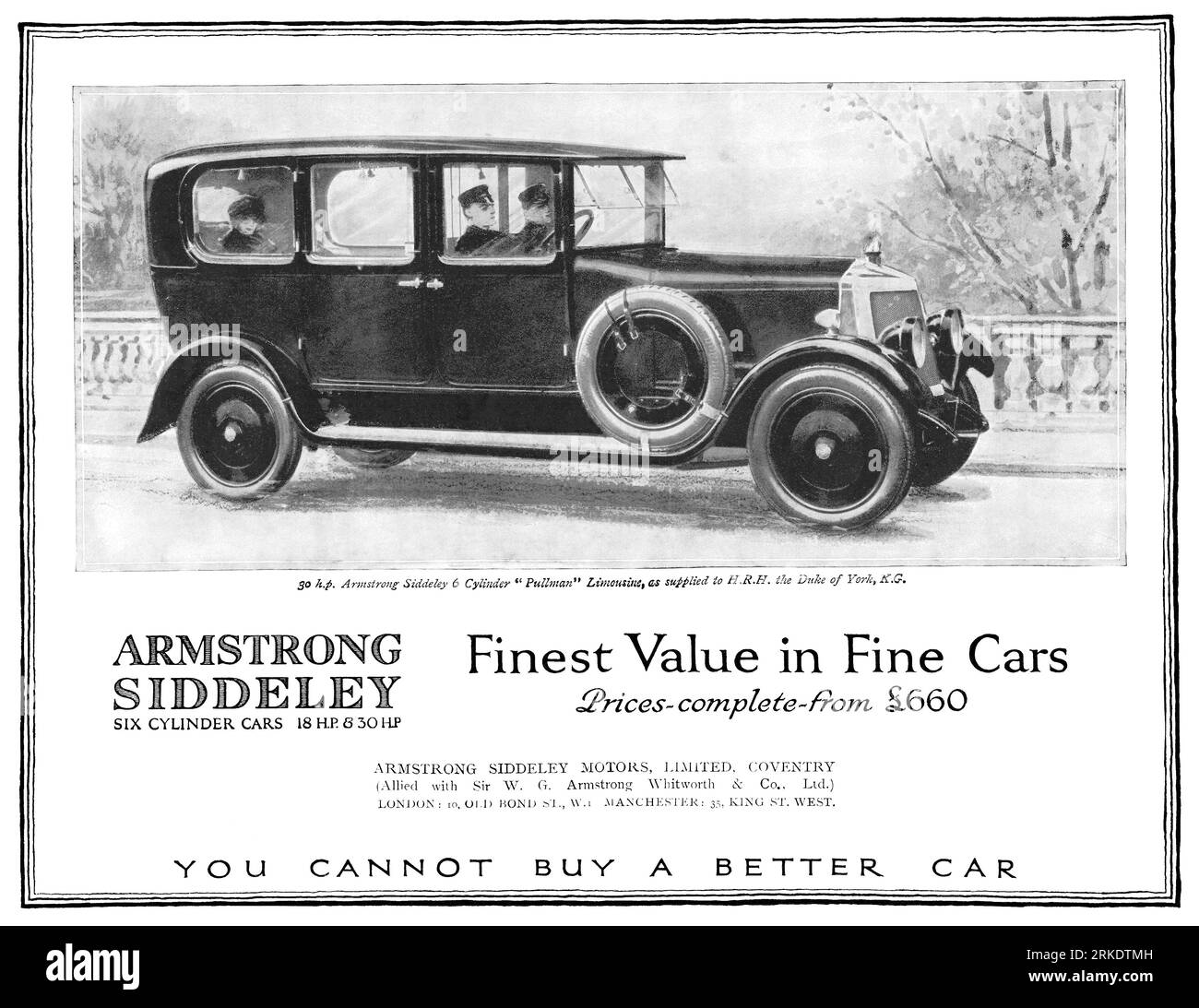 Pubblicità britannica del 1923 per una limousine Pullman a sei cilindri Armstrong Siddeley. Foto Stock