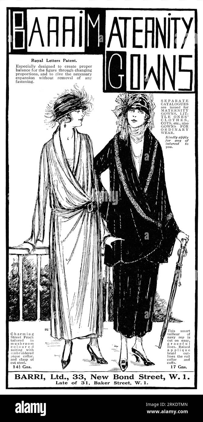 1923 pubblicità britannica per abiti per maternità alla moda di Barry Ltd. Foto Stock