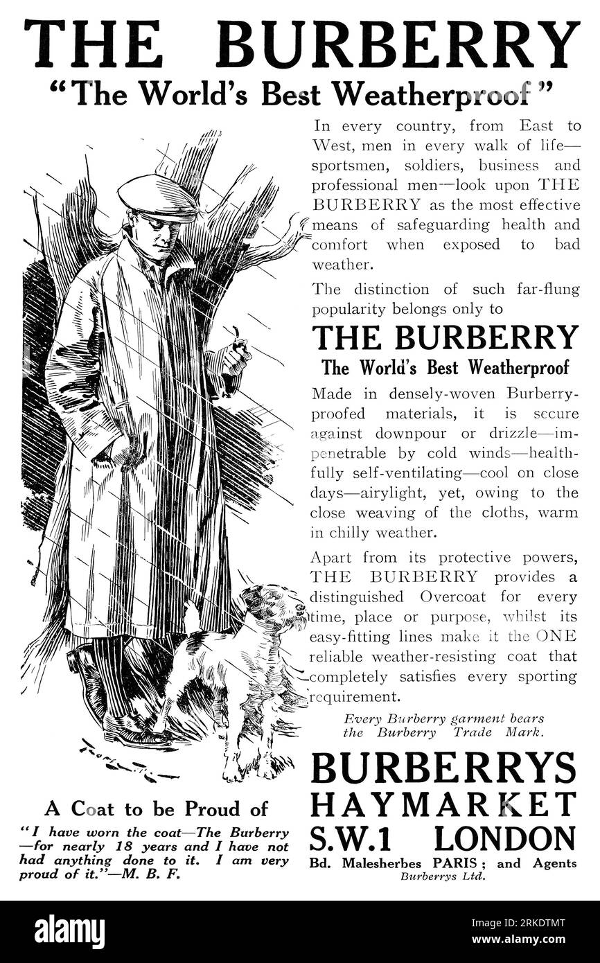 1923 pubblicità britannica per il cappotto impermeabile Burberry di Burberrys. Foto Stock