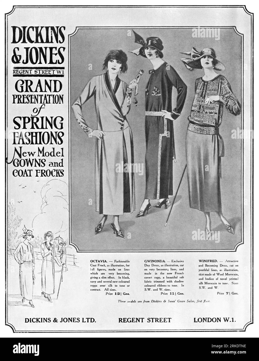 1923 pubblicità britannica per abiti e camici di moda primaverile femminili presso i grandi magazzini Dickins and Jones. Foto Stock