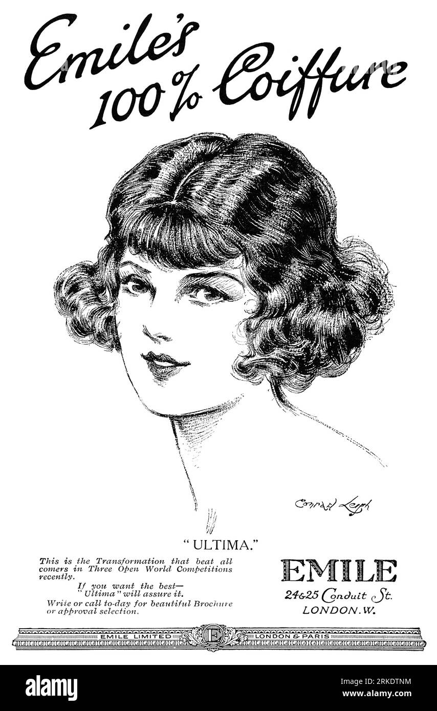 1923 pubblicità britannica per l'acconciatura femminile ultima presso Emile hairdressers, Conduit Street, Londra. Foto Stock