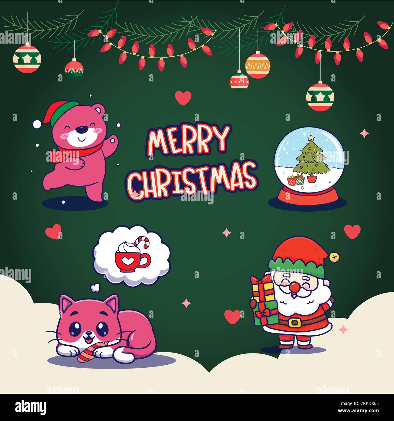 Buon Natale e felice anno nuovo biglietto d'auguri con Babbo Natale, volpe, gatto e globo di neve. Illustrazione Vettoriale