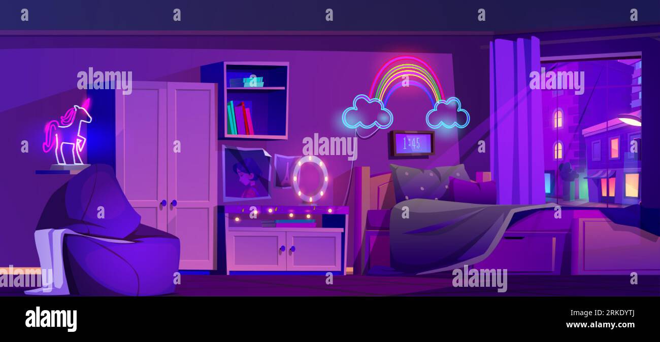 Camera da letto per adolescenti notturna con illustrazione di cartoni animati vettoriali al neon. Letto per bambina in studio cyber con lampada arcobaleno, armadio, poltrona, lampadina a specchio e moonli Illustrazione Vettoriale