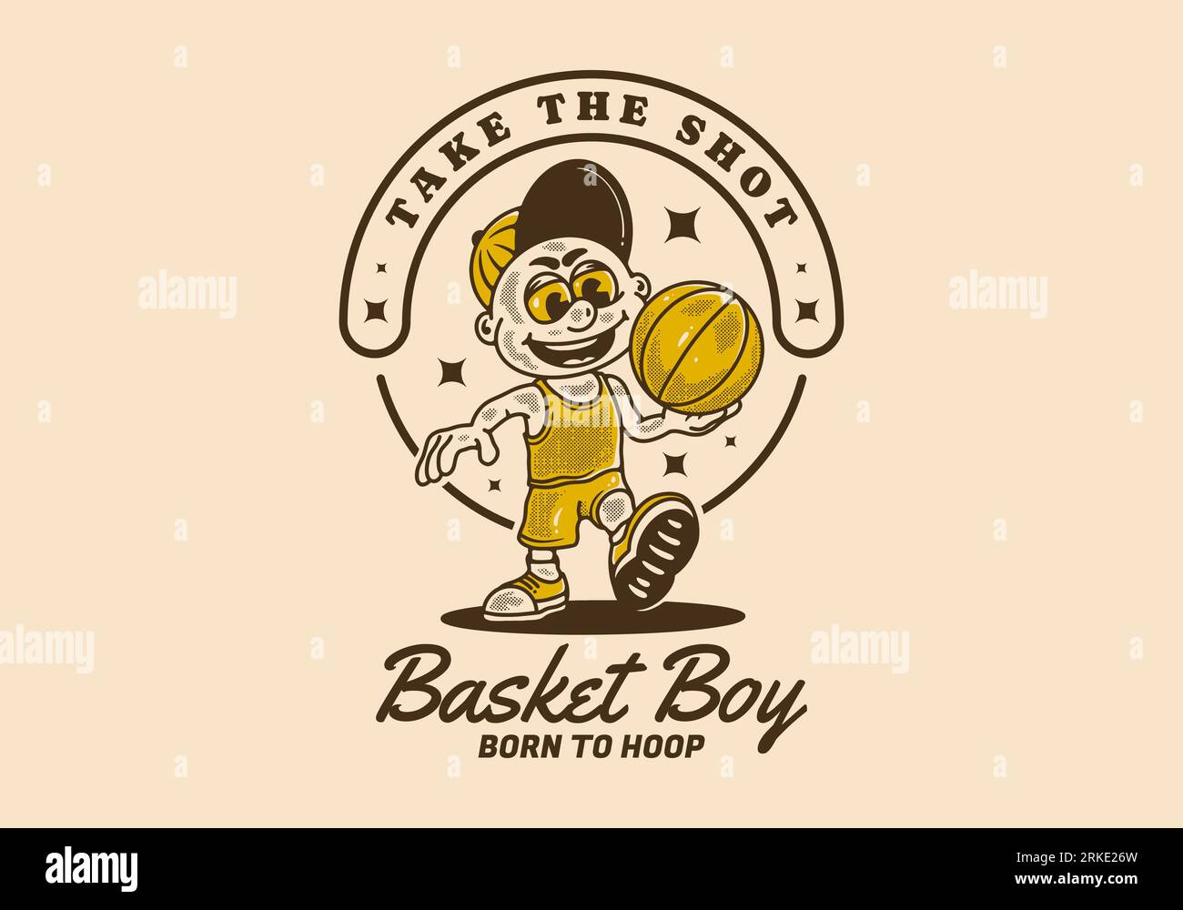 Cestino ragazzo, scatta il colpo, illustrazione vintage personaggio di un ragazzo che tiene una palla da basket Illustrazione Vettoriale