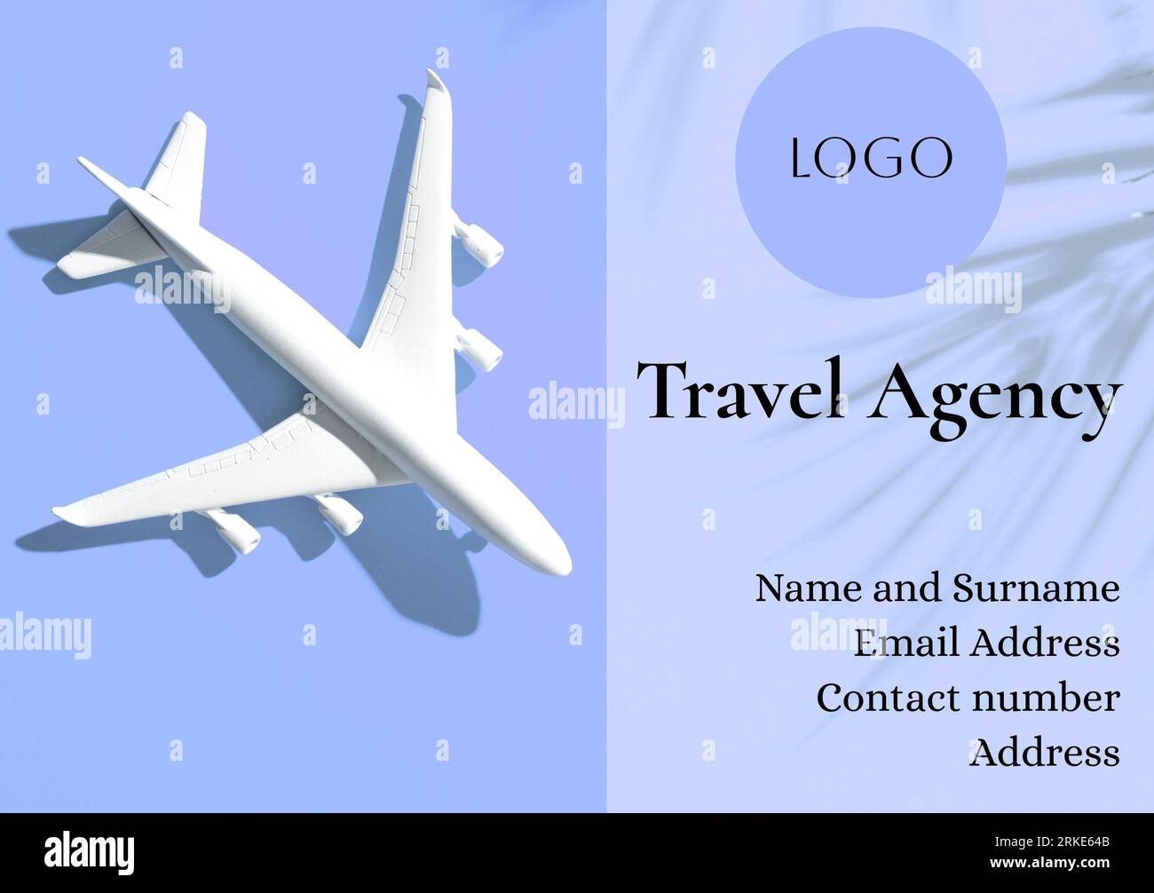 Composito di aereo giocattolo e logo, agenzia di viaggio, nome, cognome, indirizzo, dati di contatto e indirizzo e-mail Foto Stock