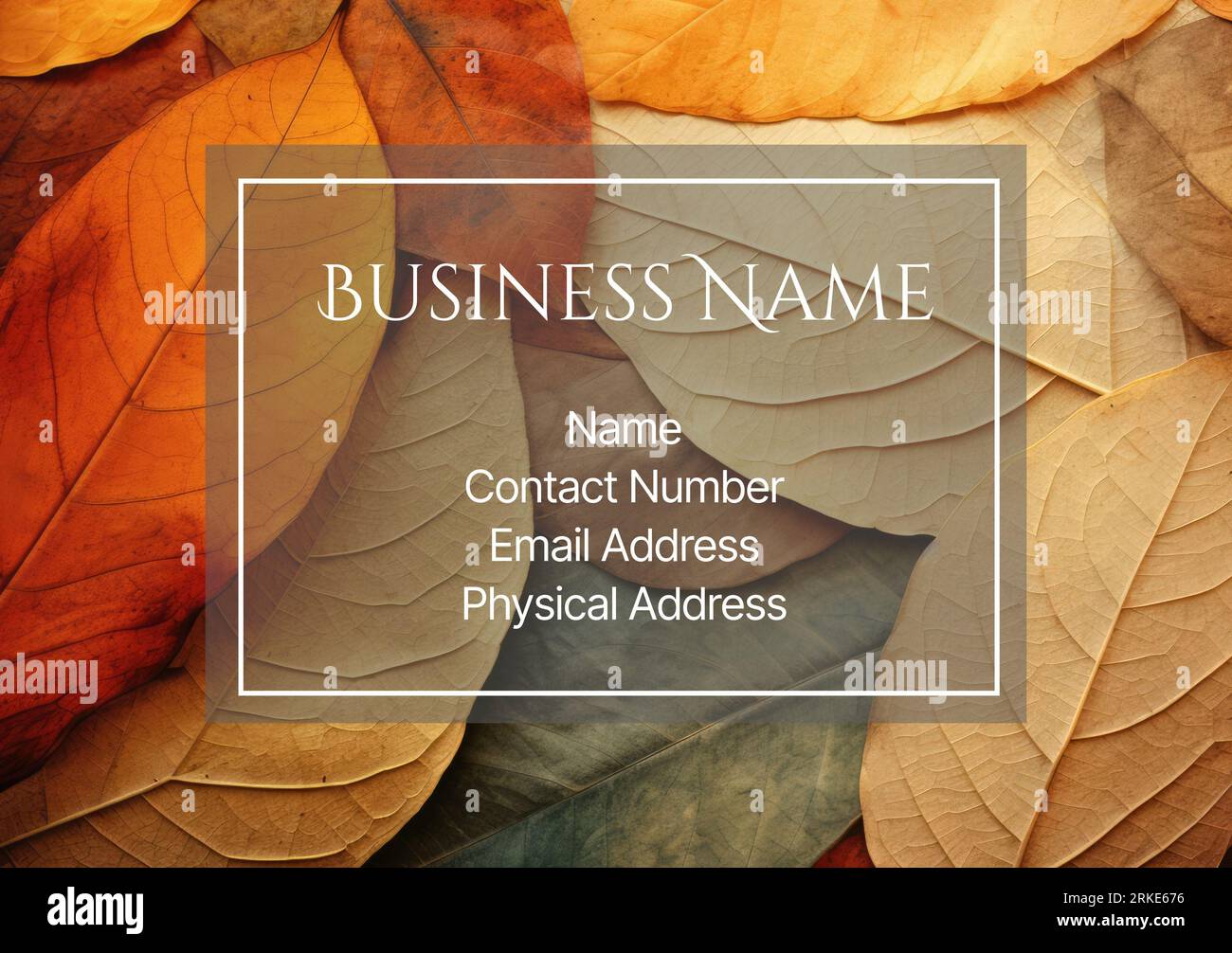 Composizione di nome aziendale, nome, numero di contatto, indirizzo e-mail, indirizzo fisico sulle foglie autunnali Foto Stock