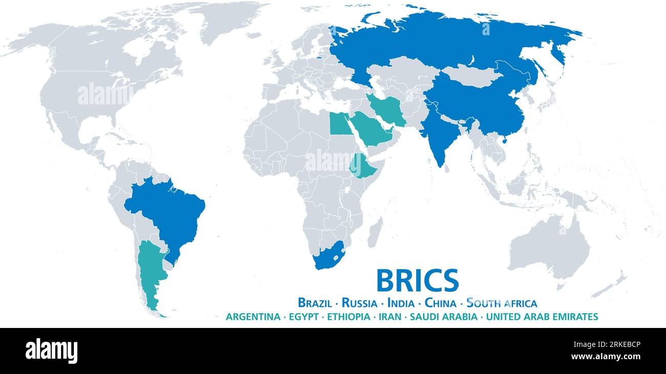 BRICS, con nuovi stati membri a partire dal 2024, mappa politica. Brasile, Russia, India, Cina e Sud Africa (BRICS), con sei paesi emergenti. Foto Stock