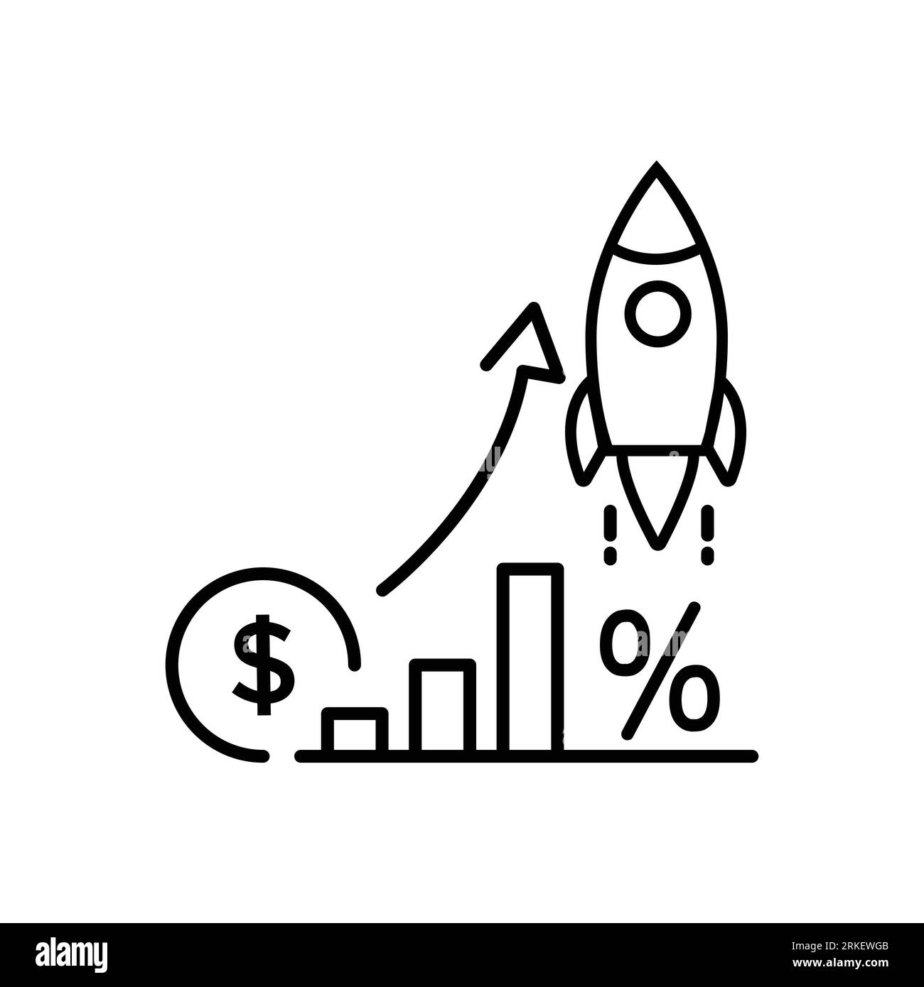 icona di incremento delle vendite, crescita dei costi in percentuale, aumento di fondi comuni, aumento rapido del business, profitto economico, grafico finanziario, rimborso degli investimenti, thin lin Illustrazione Vettoriale