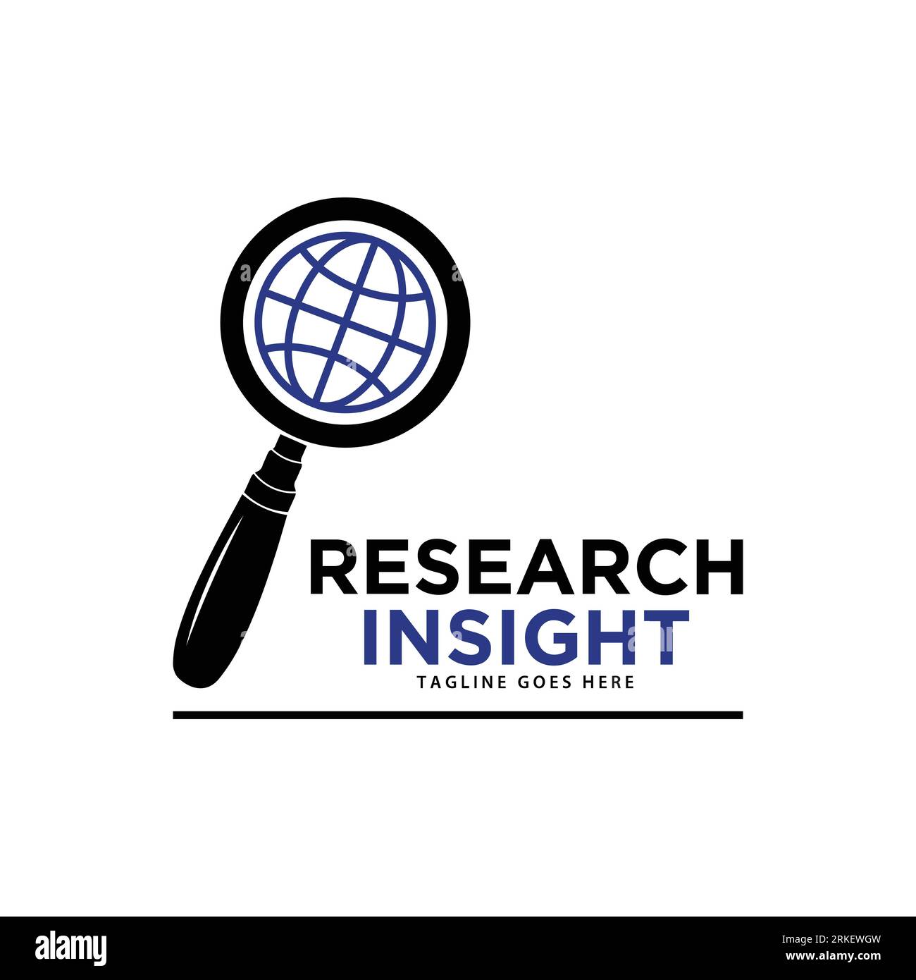 Modello vettore icona logo Research InSight. Logo di ricerca con lente di ingrandimento semplice ed elegante. Illustrazione Vettoriale
