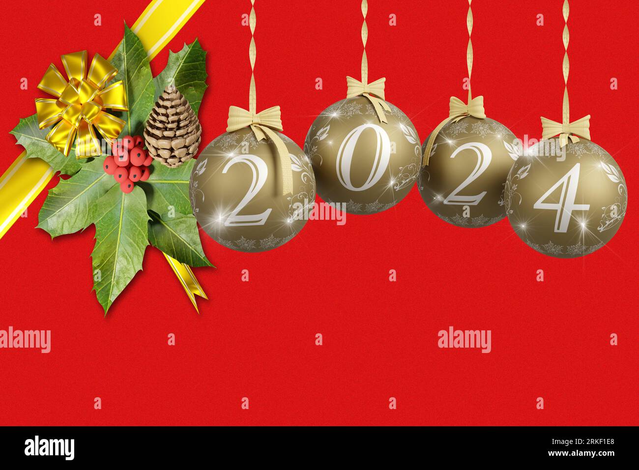 Illustrazione 3D. Capodanno 2024. Capodanno 2024 in numeri e con decorazioni natalizie. Palle dell'albero di Natale Foto Stock