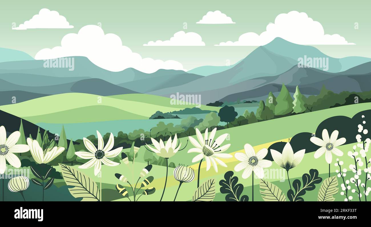 Fields Hills Flowers Country Landscape background Illustrazione Vettoriale