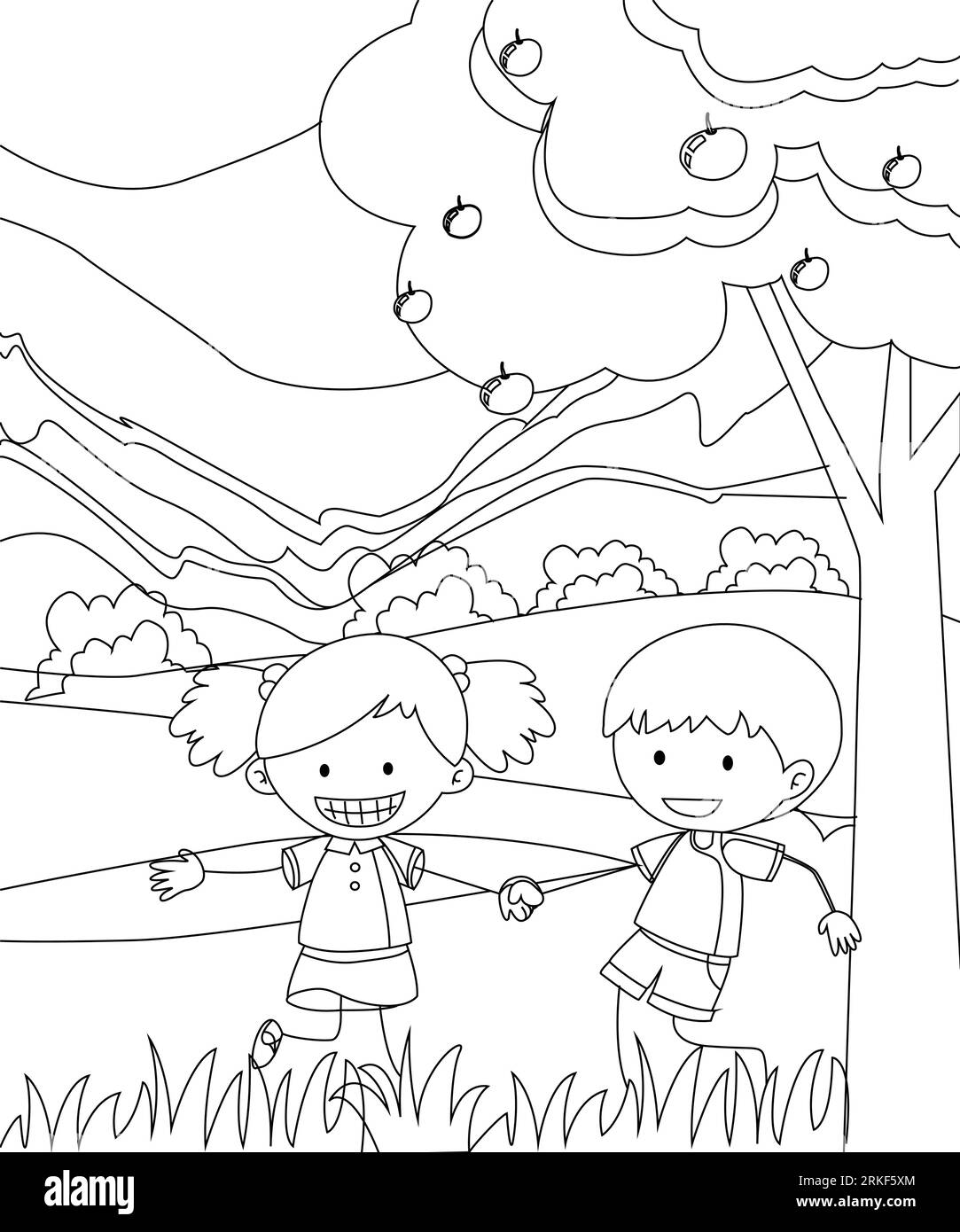 Bambini che giocano nella Garden Coloring Book Page. Pagina vettoriale di colorazione in bianco e nero. Illustrazione Vettoriale