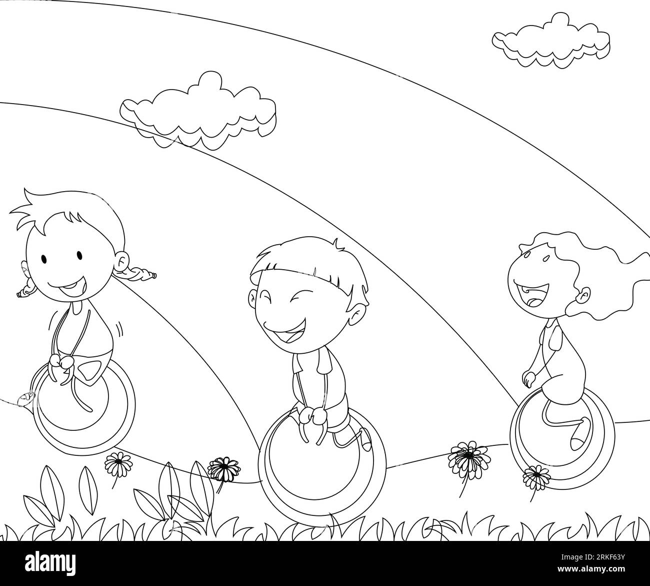 Bambini che giocano nella Garden Coloring Book Page. Pagina vettoriale di colorazione in bianco e nero. Illustrazione Vettoriale