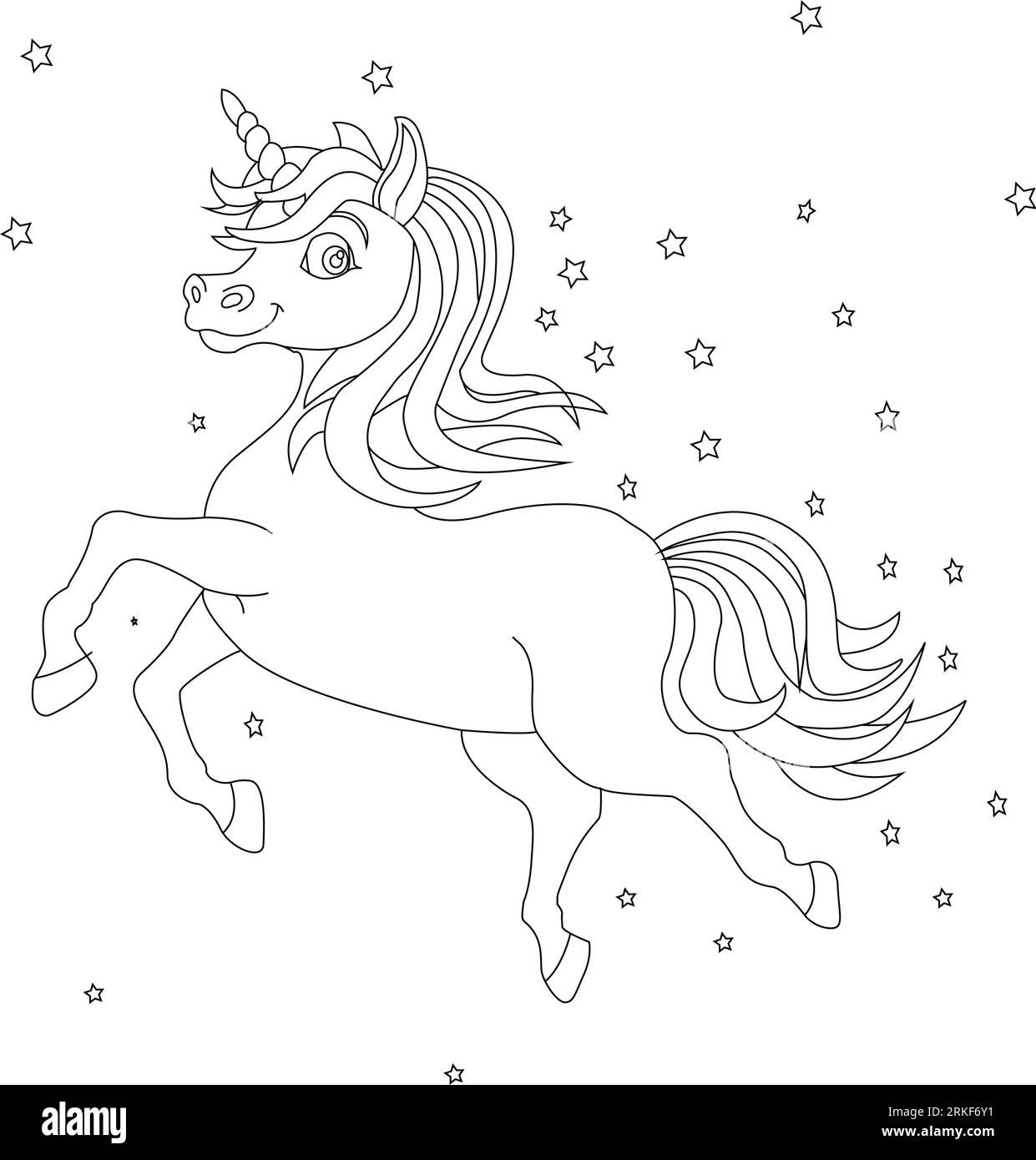 Tuffati nel mondo di Unicorn Coloring Book Magic, fantastico animale. Bianco e nero, lineare, immagine. Per la progettazione di libri da colorare, stampe, poste Illustrazione Vettoriale