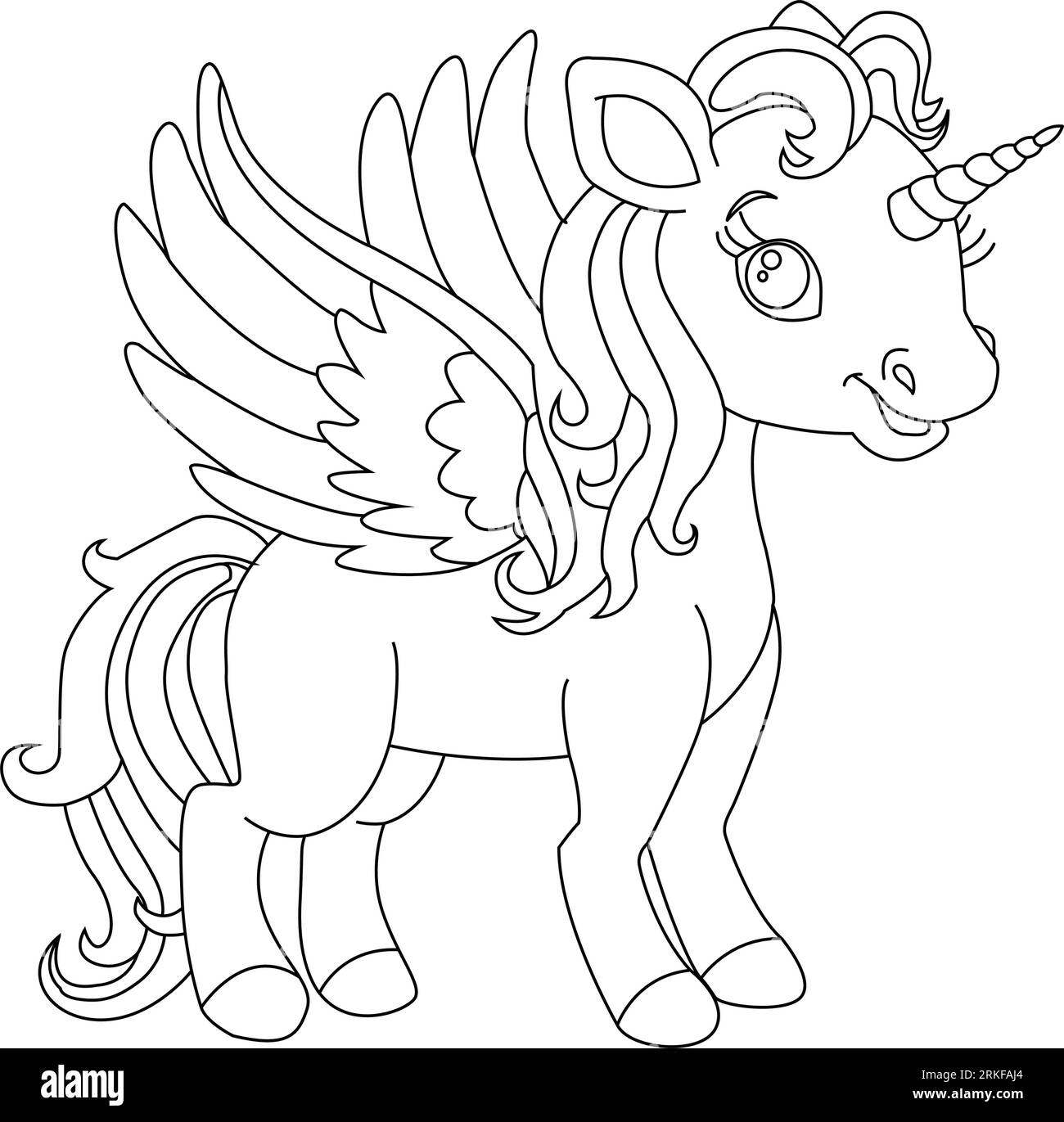 Tuffati nel mondo di Unicorn Coloring Book Magic, fantastico animale. Bianco e nero, lineare, immagine. Per la progettazione di libri da colorare, stampe, poster Illustrazione Vettoriale