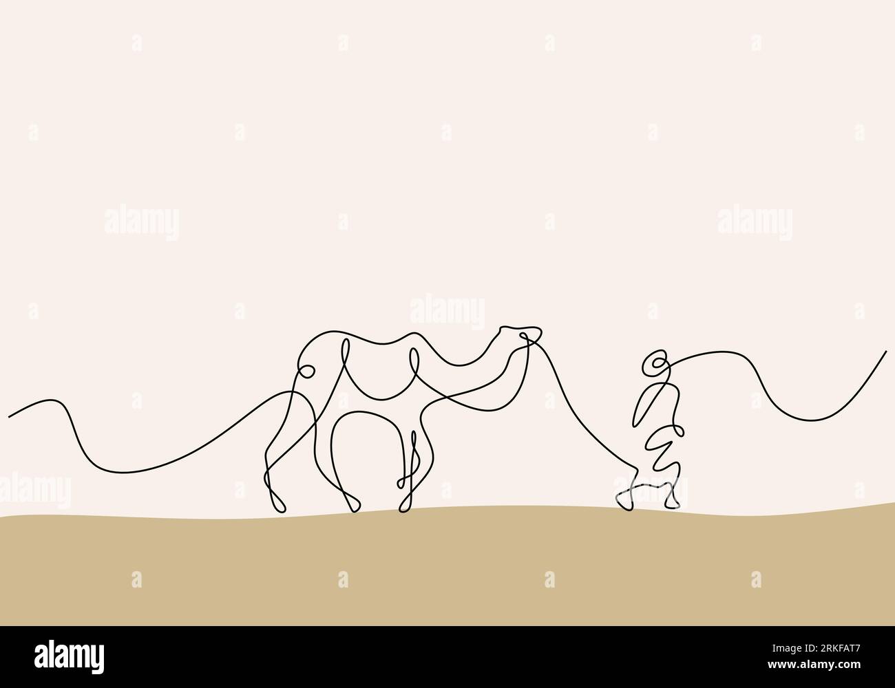 Continuous one line drawing of a man with camel on the desert Illustrazione Vettoriale