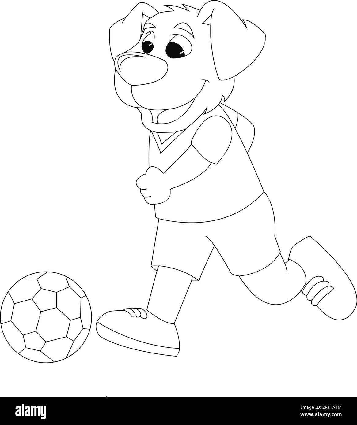 Pagina da colorare contorno del ragazzo dei cartoni animati con una palla da calcio con il cane. Football. Libro da colorare per bambini. Illustrazione a cartoni animati di un cane che gioca a calcio Illustrazione Vettoriale