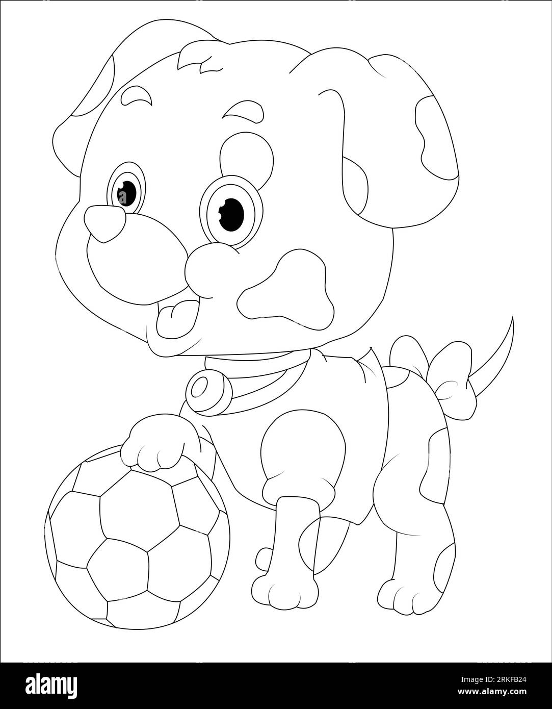Pagina da colorare contorno del ragazzo dei cartoni animati con una palla da calcio con il cane. Football. Libro da colorare per bambini. Illustrazione a cartoni animati di un cane che gioca a calcio Illustrazione Vettoriale