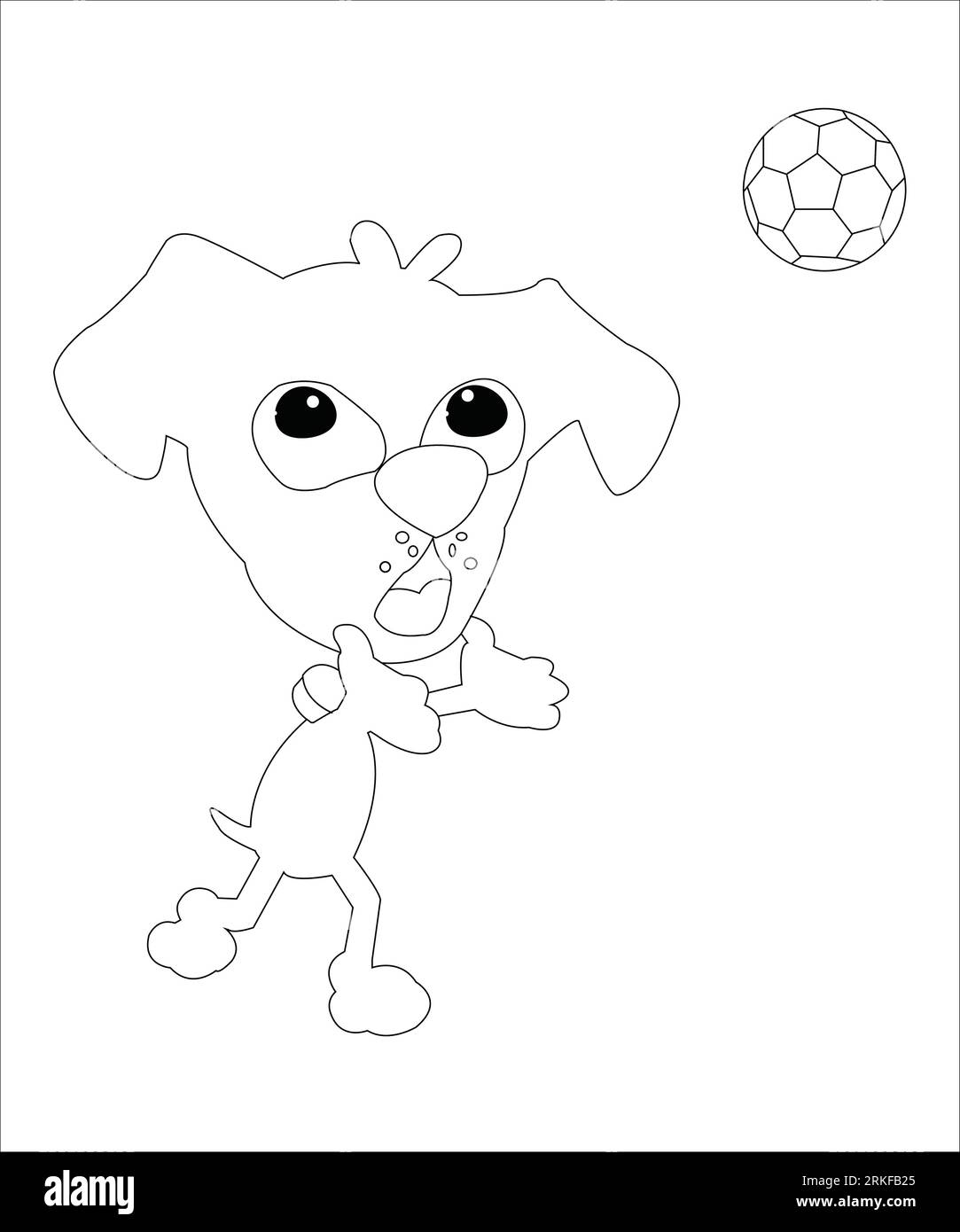 Pagina da colorare contorno del ragazzo dei cartoni animati con una palla da calcio con il cane. Football. Libro da colorare per bambini. Illustrazione a cartoni animati di un cane che gioca a calcio Illustrazione Vettoriale
