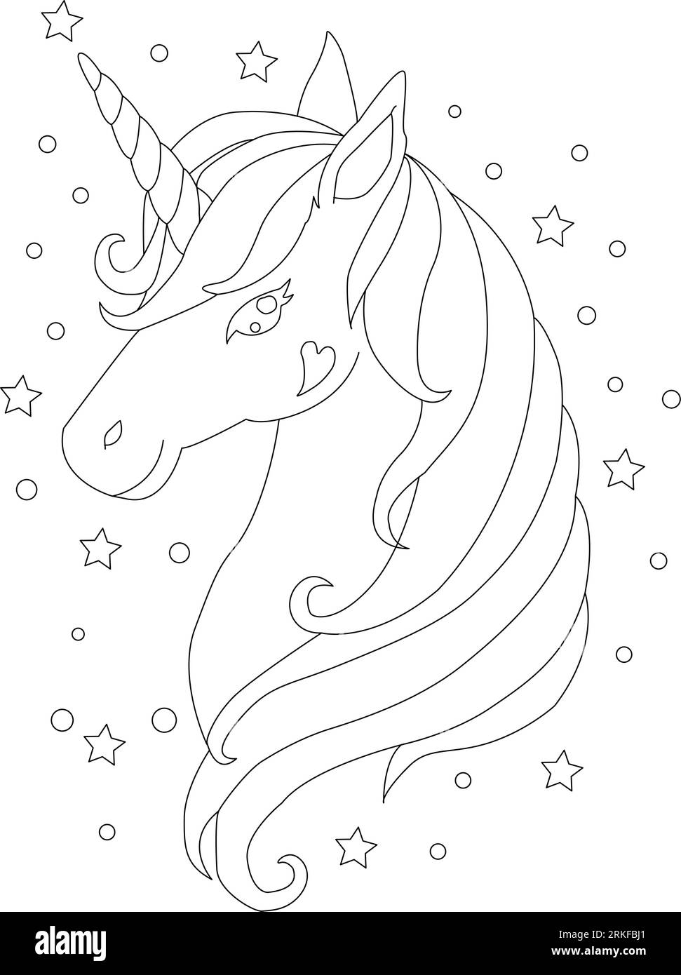 Tuffati nel mondo di Unicorn Coloring Book Magic, fantastico animale. Bianco e nero, lineare, immagine. Per la progettazione di libri da colorare, stampe, poster Illustrazione Vettoriale