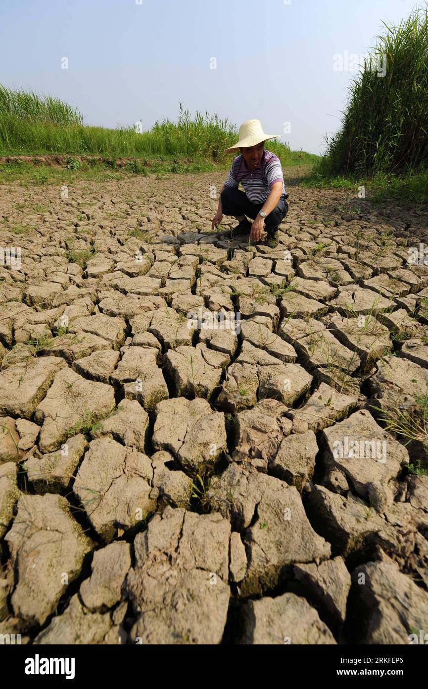 Bildnummer: 55411361 Datum: 30.05.2011 Copyright: imago/Xinhua (110530) -- SHISHOU, 30 maggio 2011 (Xinhua) -- Un membro del personale lavora sulla terra essiccata in una riserva naturale nazionale per i cervi milu, o cervi Pere David, a Shishou, nella provincia di Hubei, nella Cina centrale, 30 maggio 2011. Una persistente siccità ha colpito circa 400 cervi milu nella riserva naturale. I membri del personale hanno accumulato più di 30 canali per fornire acqua a milu. Le precipitazioni lungo il basso e medio corso dello Yangtze sono state al suo livello più basso dal 1951, diminuendo dal 40 al 60% rispetto al livello medio, l'Office of State Flood Control e Dr Foto Stock