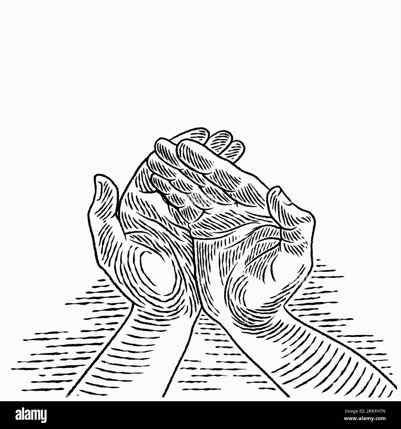 Disegnato a mano l'uomo di una mano in posizione di preghiera. La palma di una preghiera islamica e simbolo della moschea di fede. Illustrazione vettoriale di schizzo con gesti a mani semplici Illustrazione Vettoriale