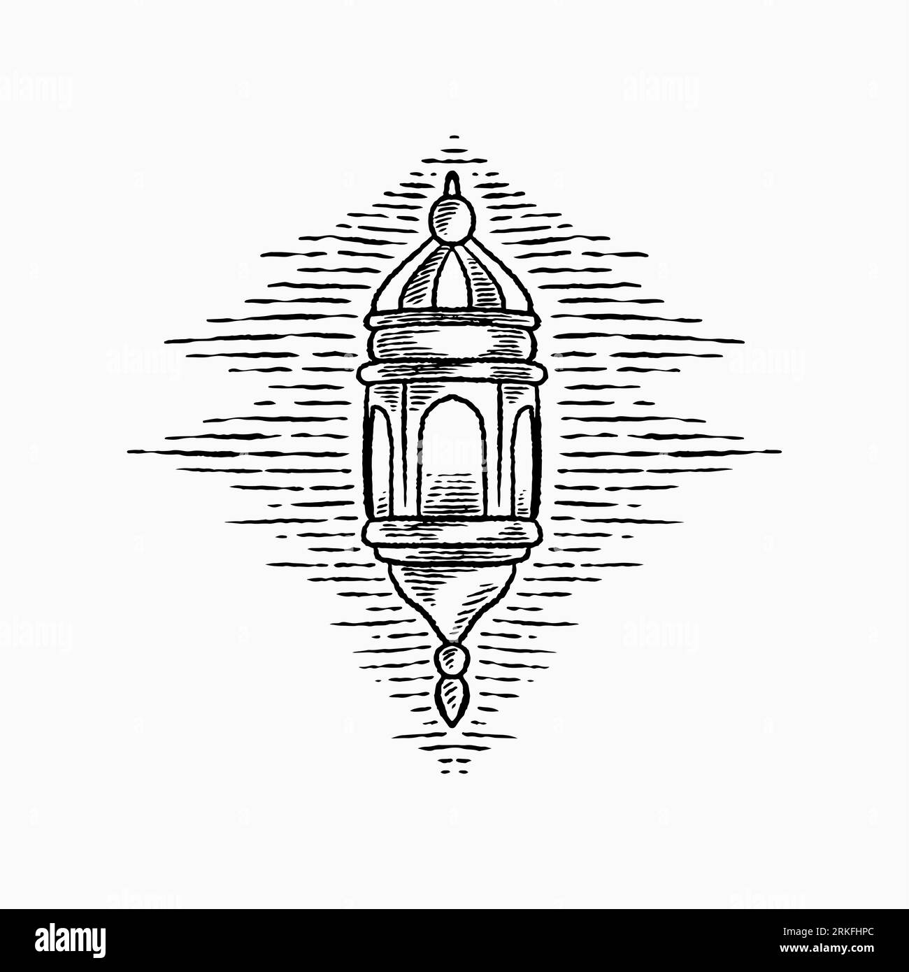 Lampada araba vintage disegnata a mano. Schizzo della lanterna a olio. Tema celebrativo del Festival Islamico isolato su sfondo bianco. Lanterna turca isolata su bianco Illustrazione Vettoriale