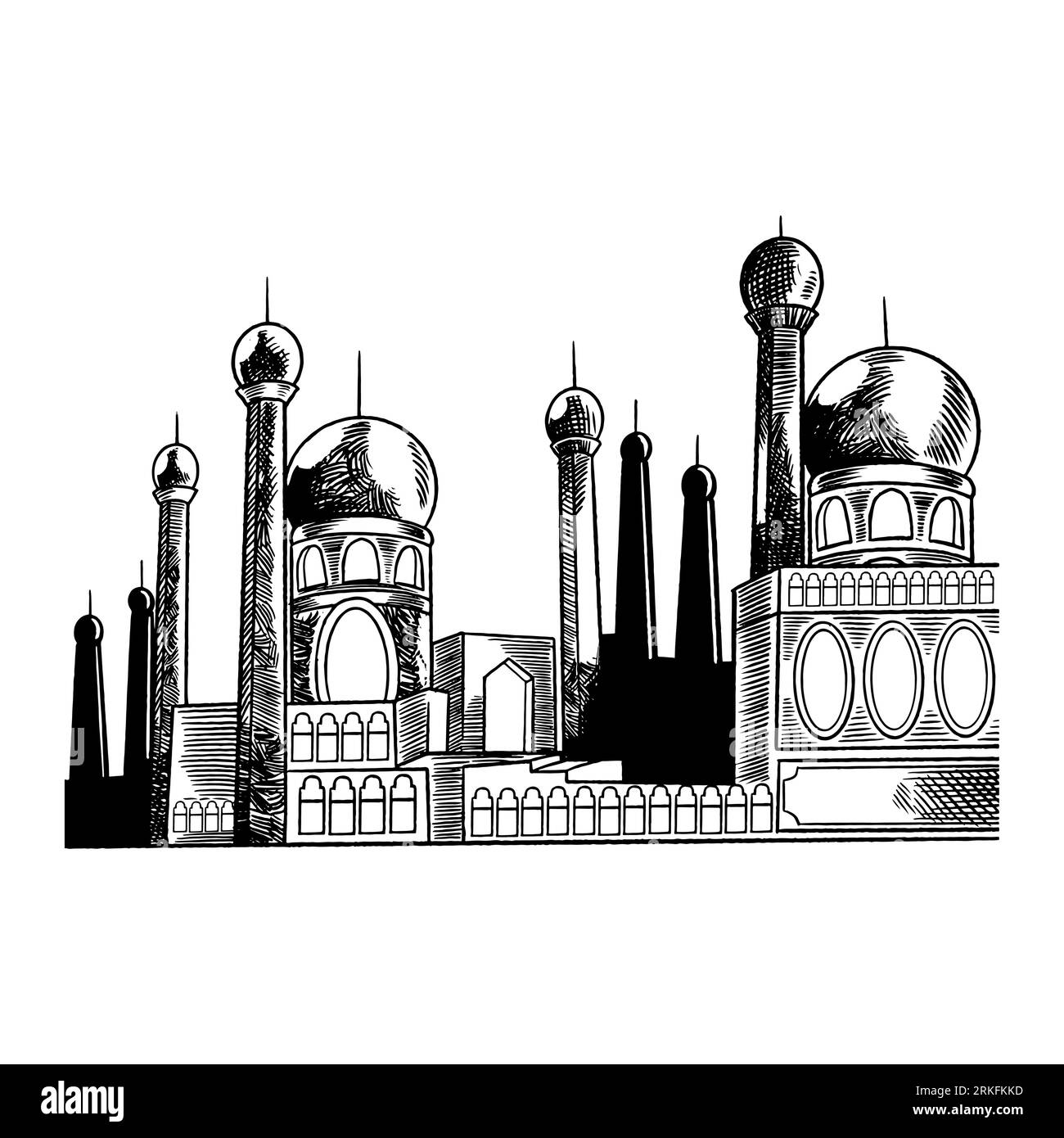 Sfondo arabo vettoriale con moschea disegnata a mano. Design del modello per Ramadan Kareem e Eid Mubarak. Tradizionale festa islamica, arabo r Illustrazione Vettoriale
