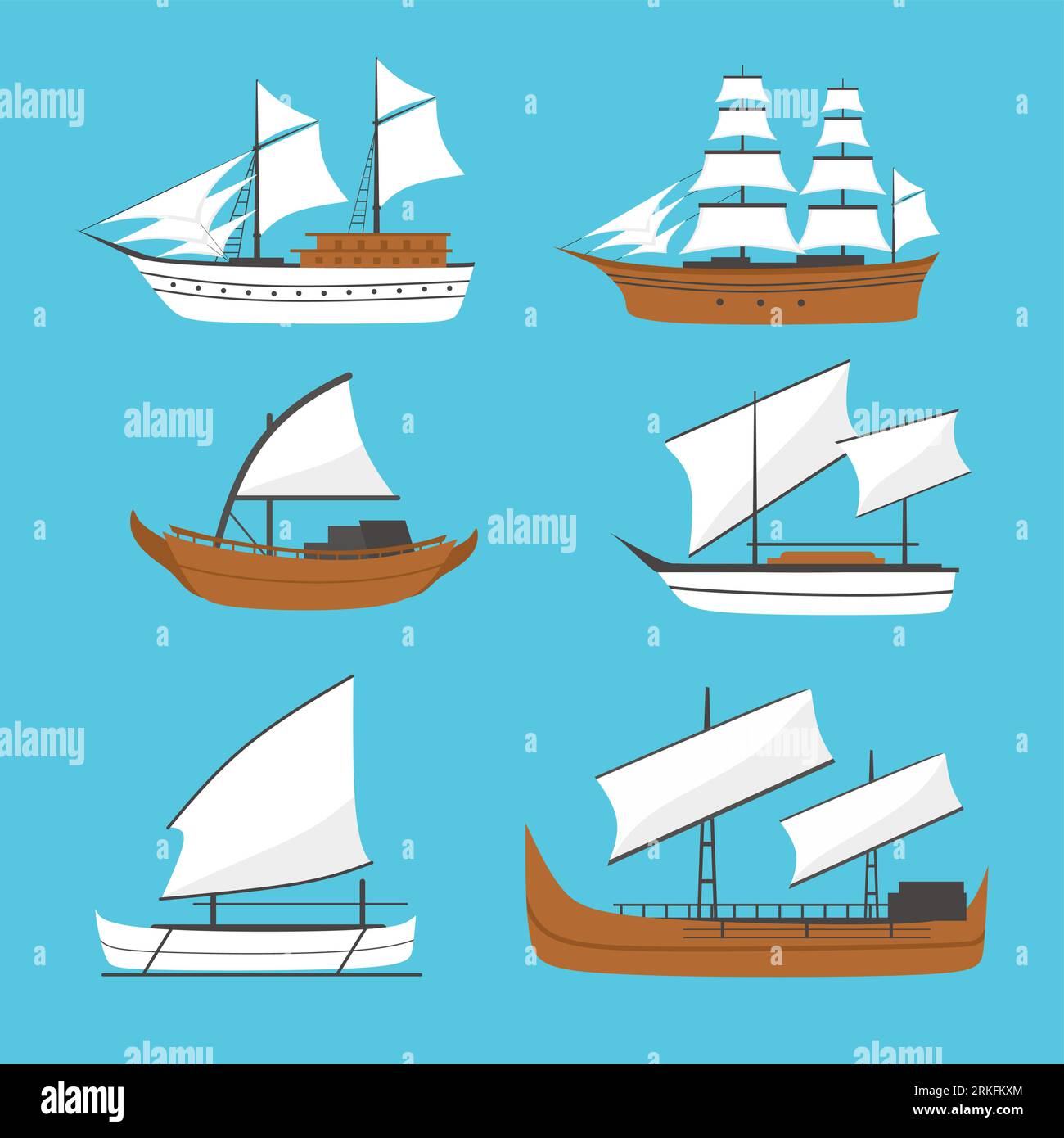 Barca a vela vettoriale piatta, icona nave, set. Vecchia nave di legno con vele bianche. Nave Phinisi, nave Barqque Sadov, nave Patorani, viaggio via mare, Illustrazione Vettoriale