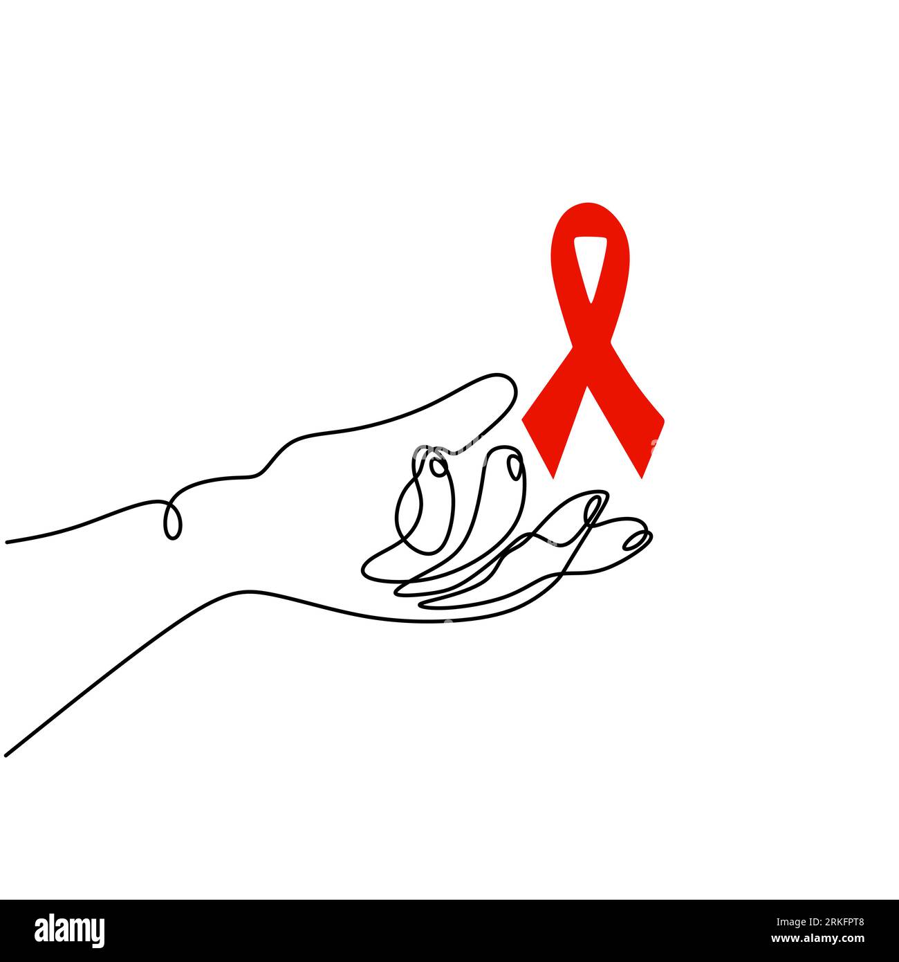 La mano umana con il nastro rosso aiuta a disegnare una linea continua. Sostenere la speranza per la cura e fermare il concetto di AIDS. Giornata mondiale dell'AIDS, 1° dicembre. Distintivo di beneficenza Illustrazione Vettoriale