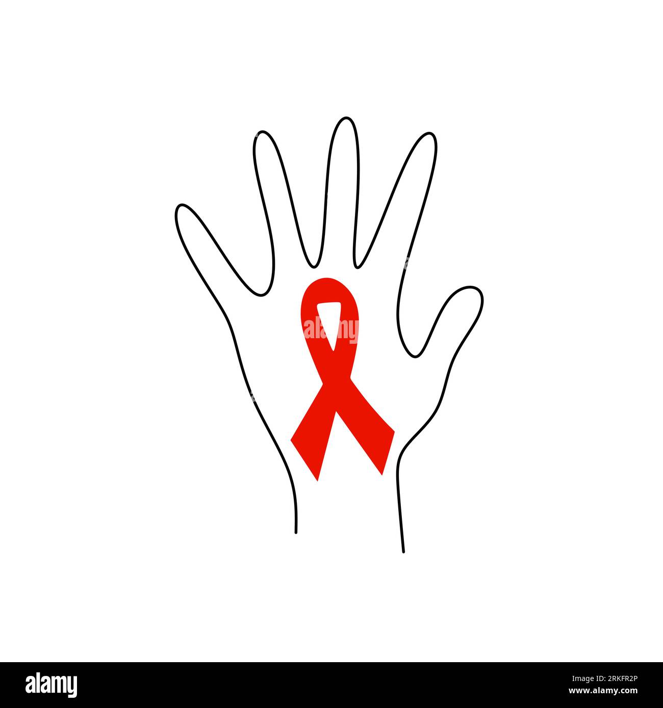 La mano umana con il nastro rosso aiuta a disegnare una linea continua. Sostenere la speranza per la cura e fermare il concetto di AIDS. Giornata mondiale dell'AIDS, 1° dicembre. Distintivo di beneficenza Illustrazione Vettoriale