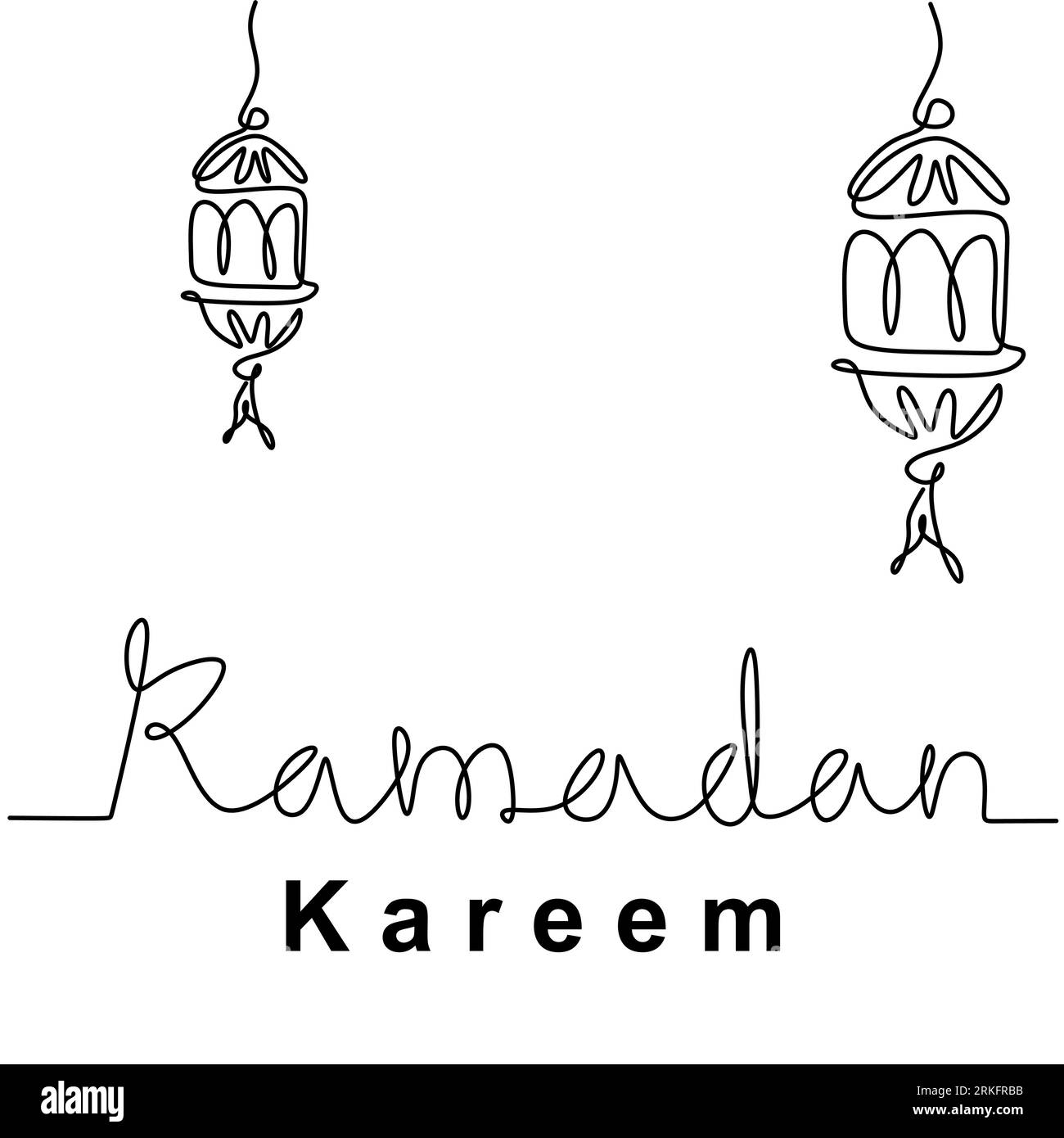 Un disegno a linea singola di ornamenti con lampade a lanterna islamiche. Lettere scritte a mano Ramadan Kareem isolate su sfondo bianco. EID Illustrazione Vettoriale Un disegno a linea singola di ornamenti con lampade a lanterna islamiche. Lettere scritte a mano Ramadan Kareem isolate su sfondo bianco. EID Illustrazione Vettoriale