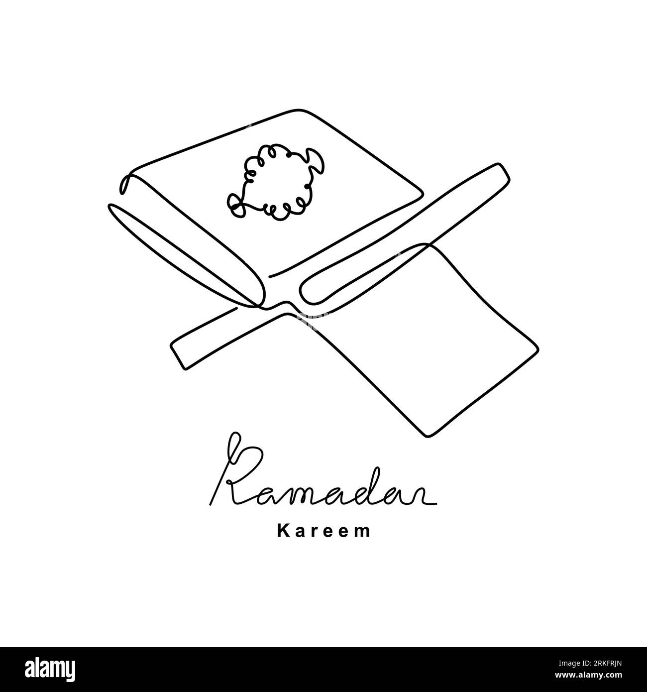Disegno a linee continuo del Corano aperto su un piedistallo in legno. Il Ramadan Kareem e il concetto di Eid Mubarak isolati su sfondo bianco Illustrazione Vettoriale