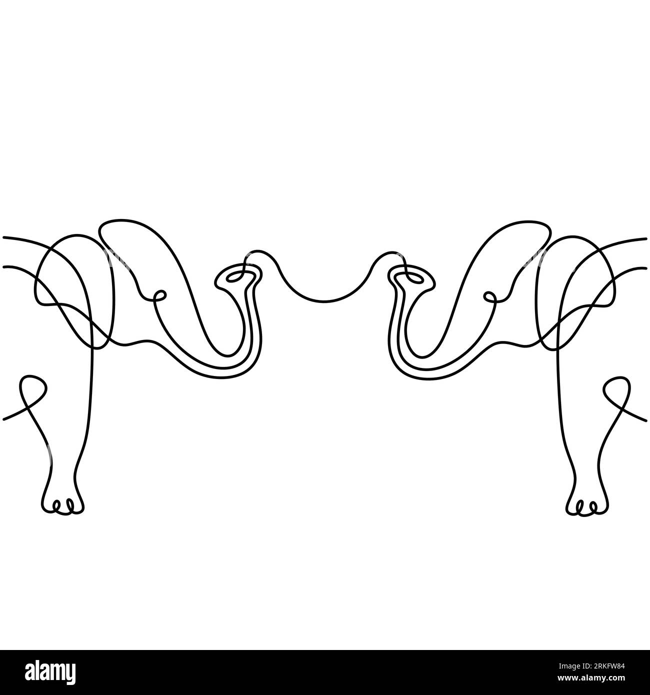 Disegno continuo di due silhouette di elefanti con i simboli del cuore. Matrimonio, San Valentino, giorno degli abbracci, famiglia, design della carta di amicizia. Illustrazione Vettoriale