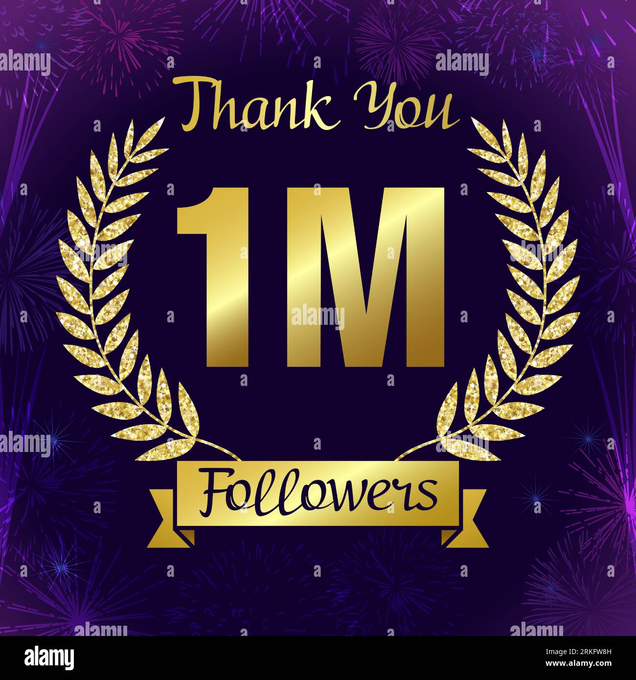 Grazie 1 milione di follower banner Internet. Simbolo da 1 M con brunch dorato lucido. Grazie per aver effettuato 1 milione di abbonamenti. Sfondo natalizio con fuochi d'artificio. CR Illustrazione Vettoriale