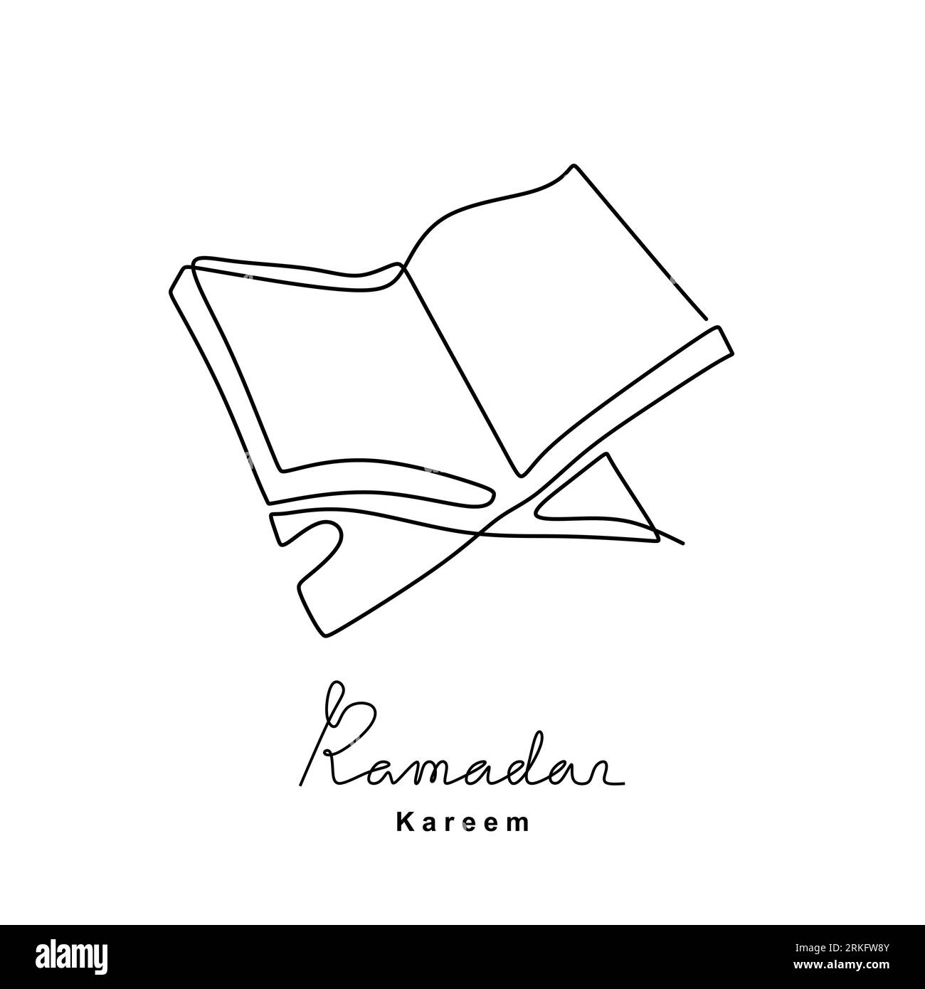 Disegno a linee continuo del Corano aperto su un piedistallo in legno. Il Ramadan Kareem e il concetto di Eid Mubarak isolati su sfondo bianco Illustrazione Vettoriale