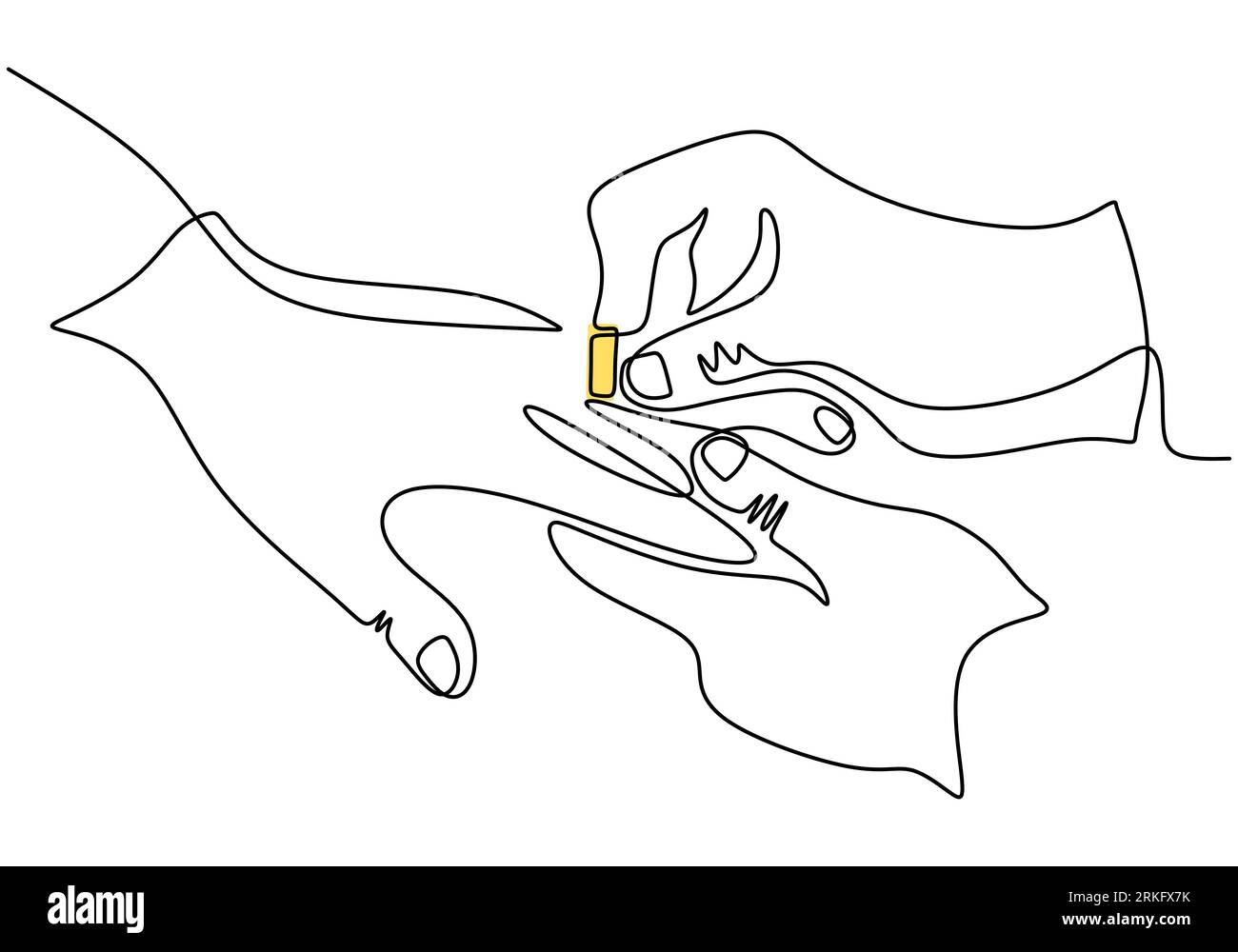 Una linea continua di mani maschili e femminili che mostra anelli di innesto. Un giovane uomo ha messo un anello al dito della donna. Sostituzione anello disegnata a mano Illustrazione Vettoriale