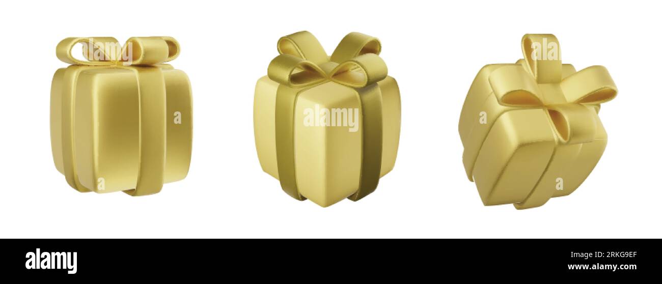 Set vettoriale di scatole regalo in oro con nastri in oro. Giftbox 3D realistico, isolato sullo sfondo. Illustrazione Vettoriale